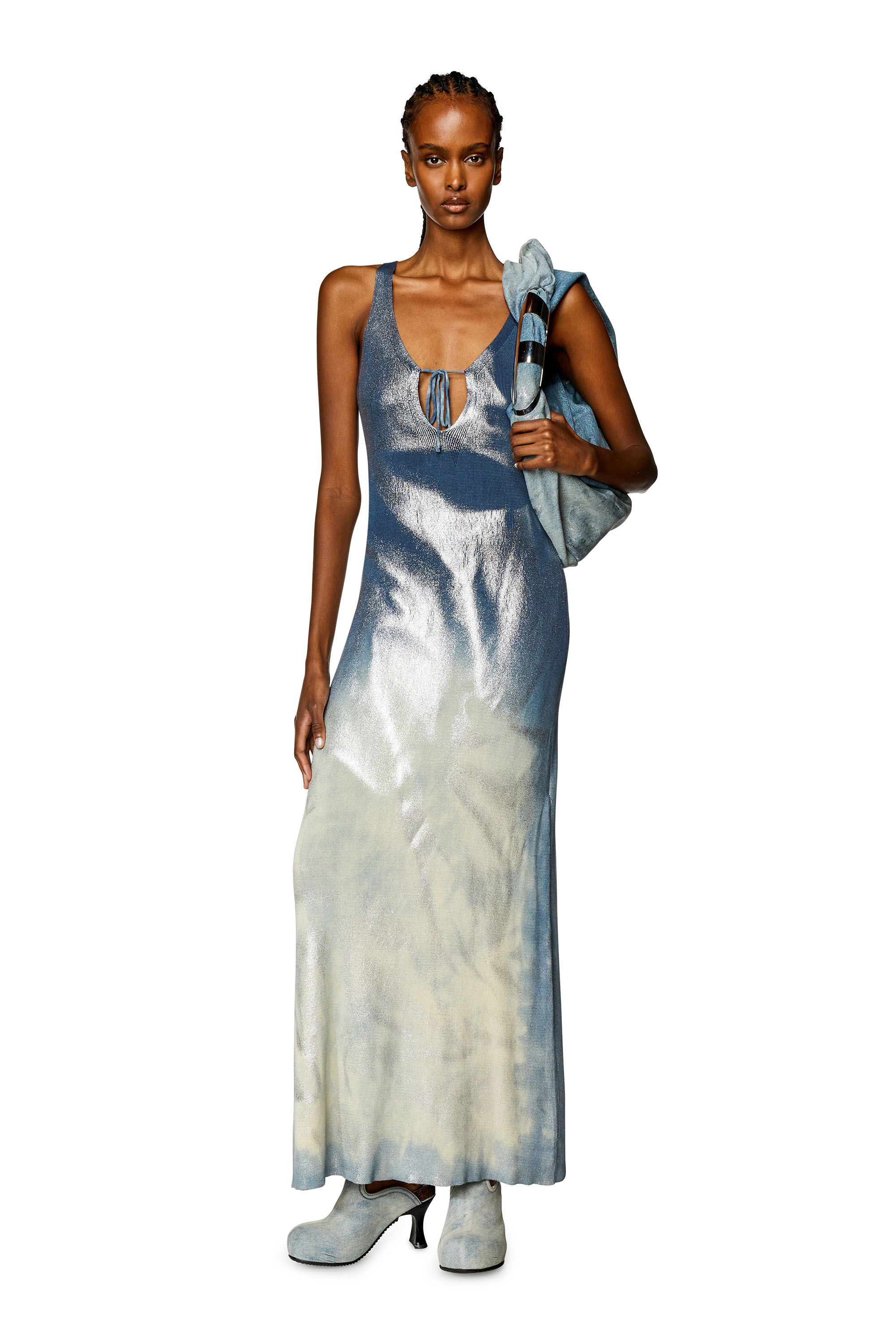 Diesel - M-IDELLE, Female Long knit dress with metallic effects in Blue - Image 1