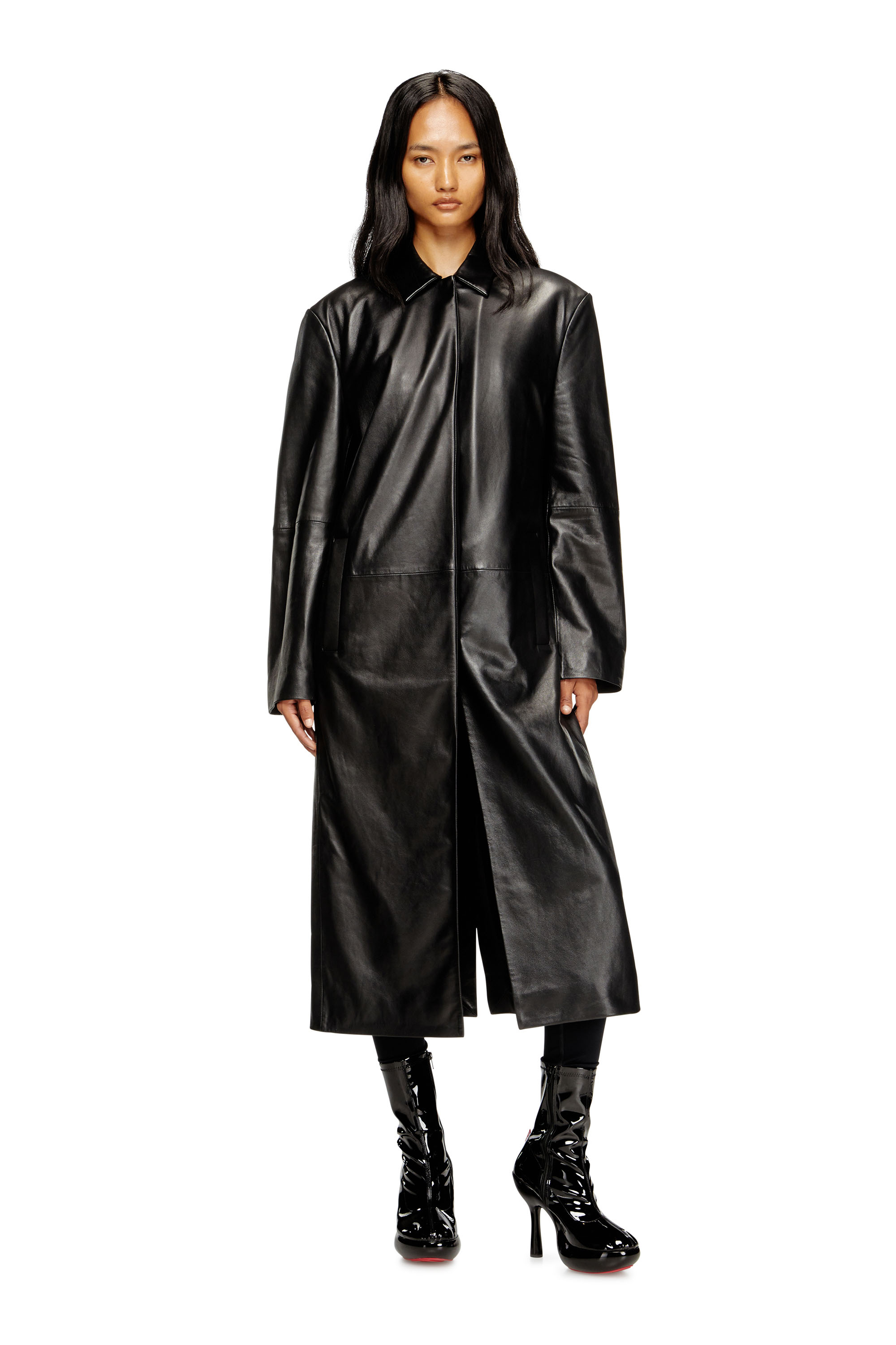 Diesel - L-ANCELOT, Female's Long padded leather coat in Black - 1