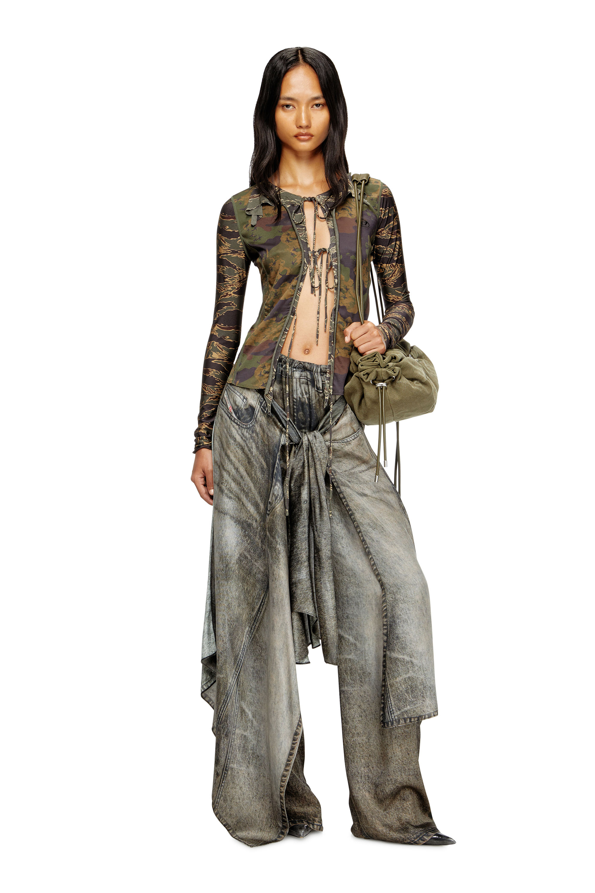 Diesel - T-AFRY, Female's Tie cardigan with mixed camo prints in Military Green - 2