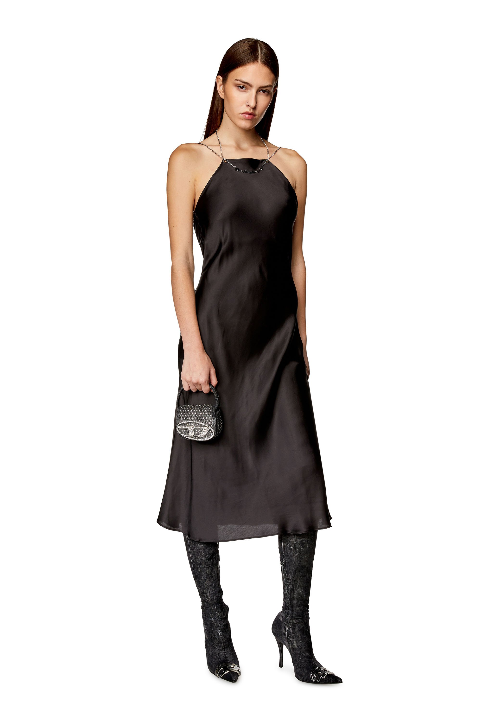 Diesel - D-ELIZ, Female Satin midi skirt with chain necklace in Black - Image 1