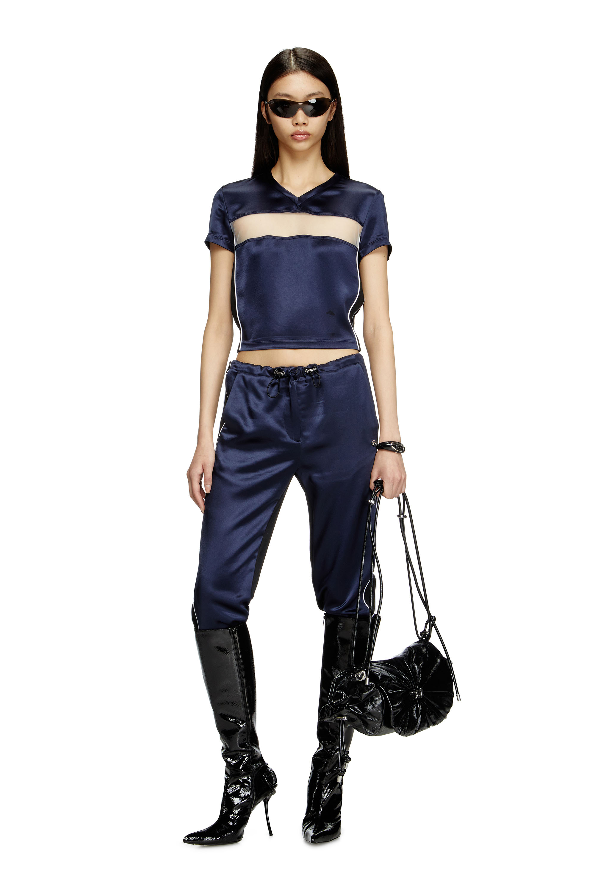 Diesel - T-RACE, Female's Cropped T-shirt in satin, knit and tulle in Dark Blue - 2