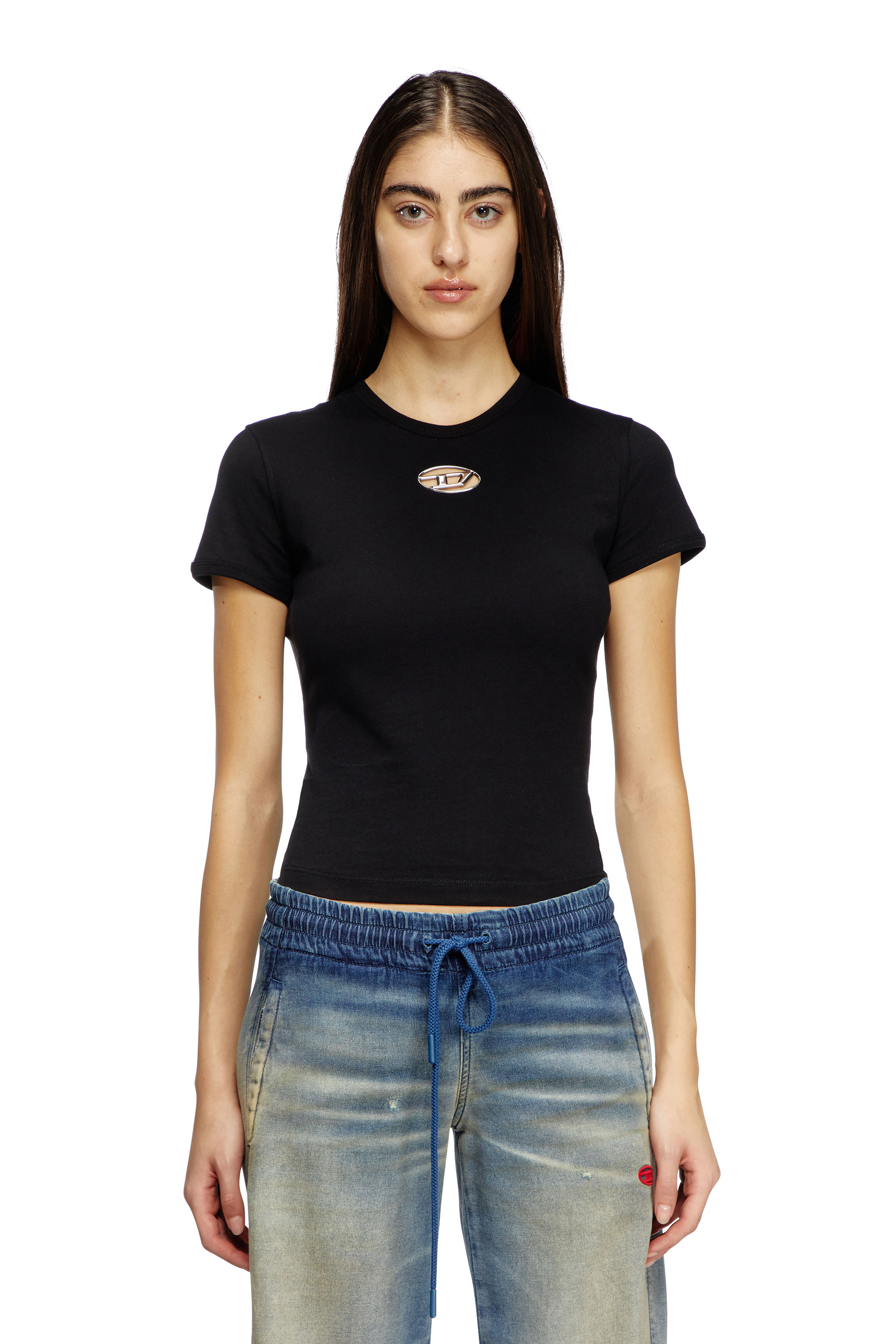 Diesel - T-UNCUTIE-LONG-OD-Q1, T-shirt slim fit avec cut-out Oval D Femme in Noir - 1