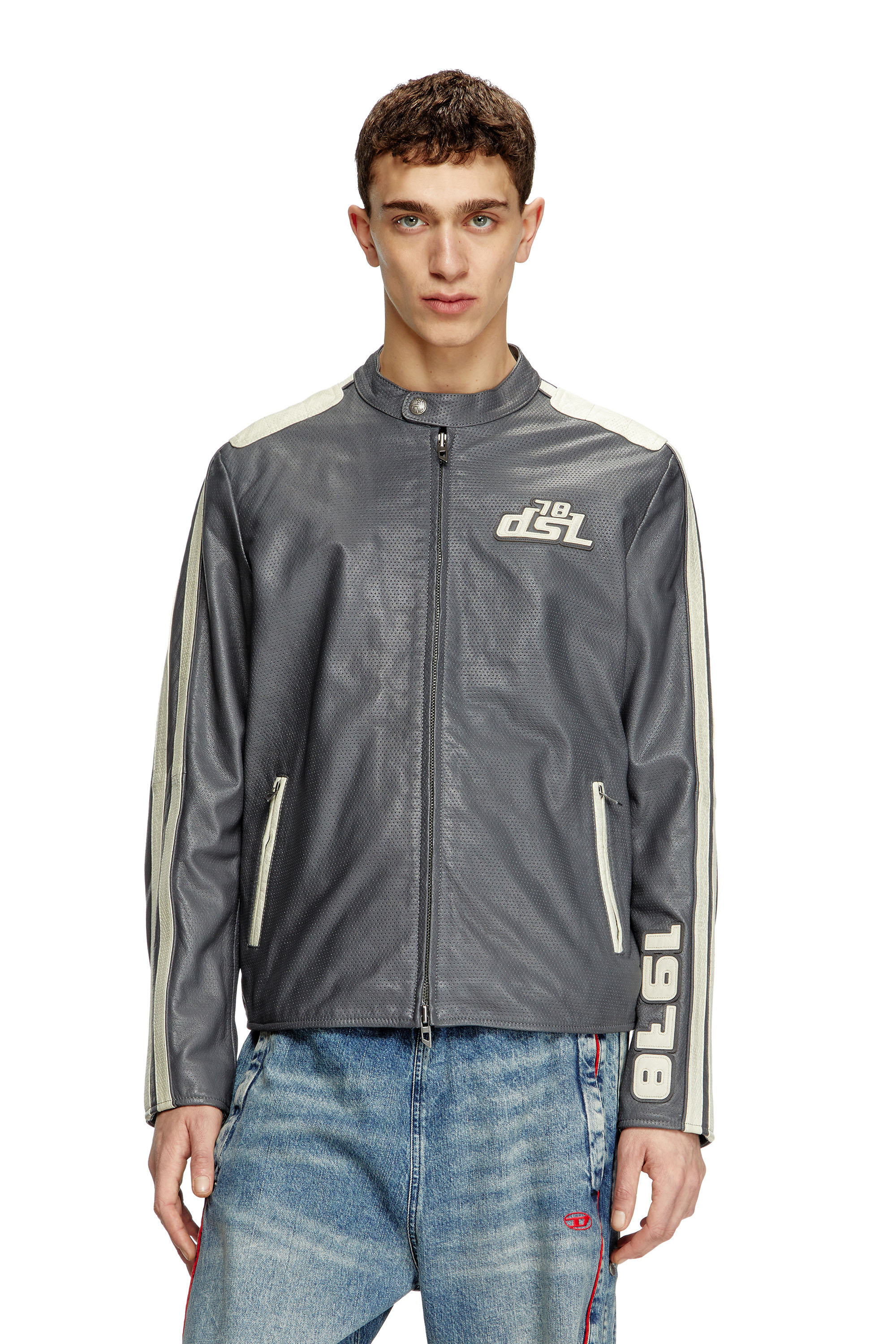 Diesel - L-POP, Veste de motard en cuir perforé Mixte in Gris - 2