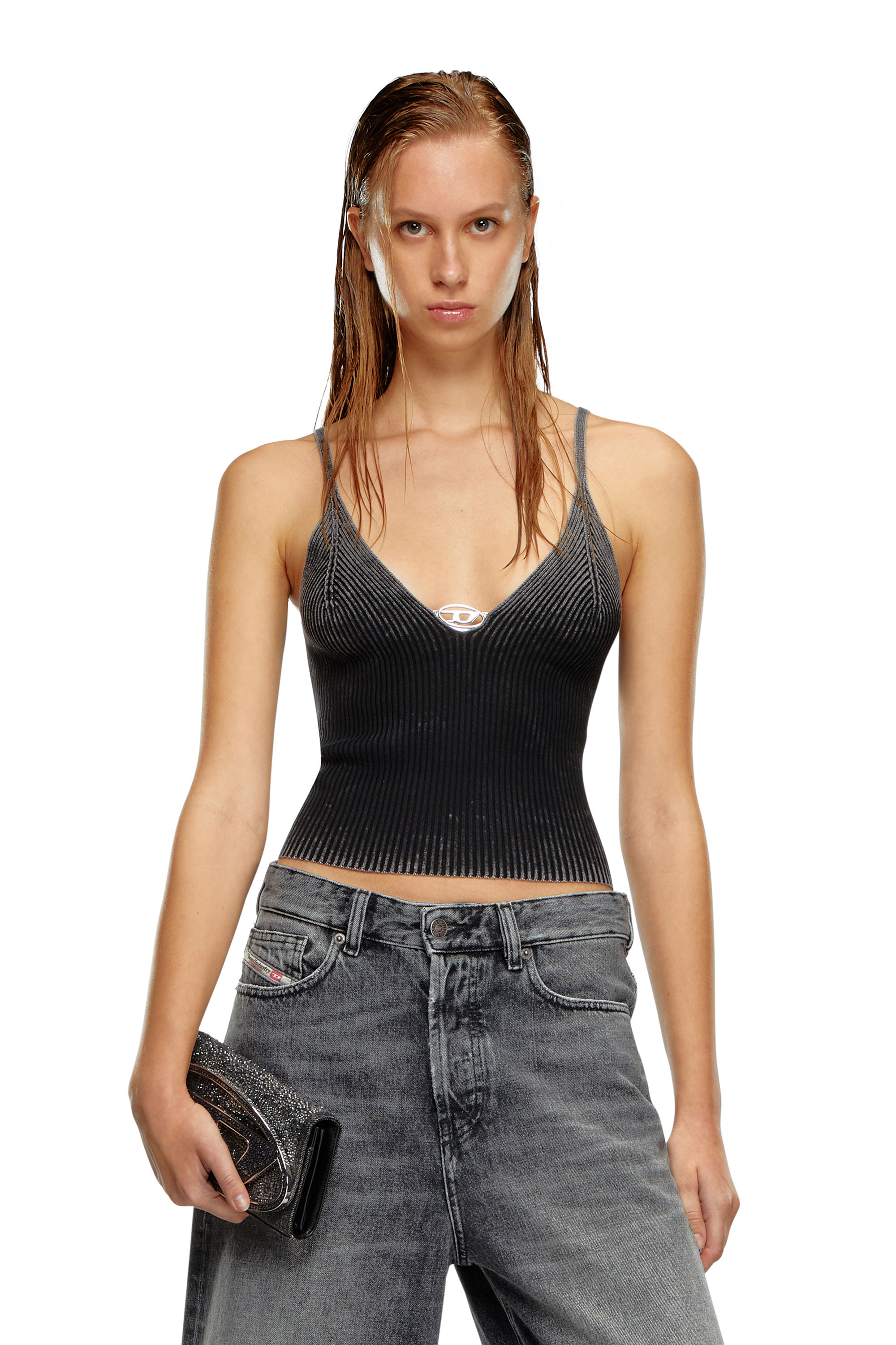 Diesel - M-LAILA, Camisole en maille côtelée délavée Femme in Noir - 1