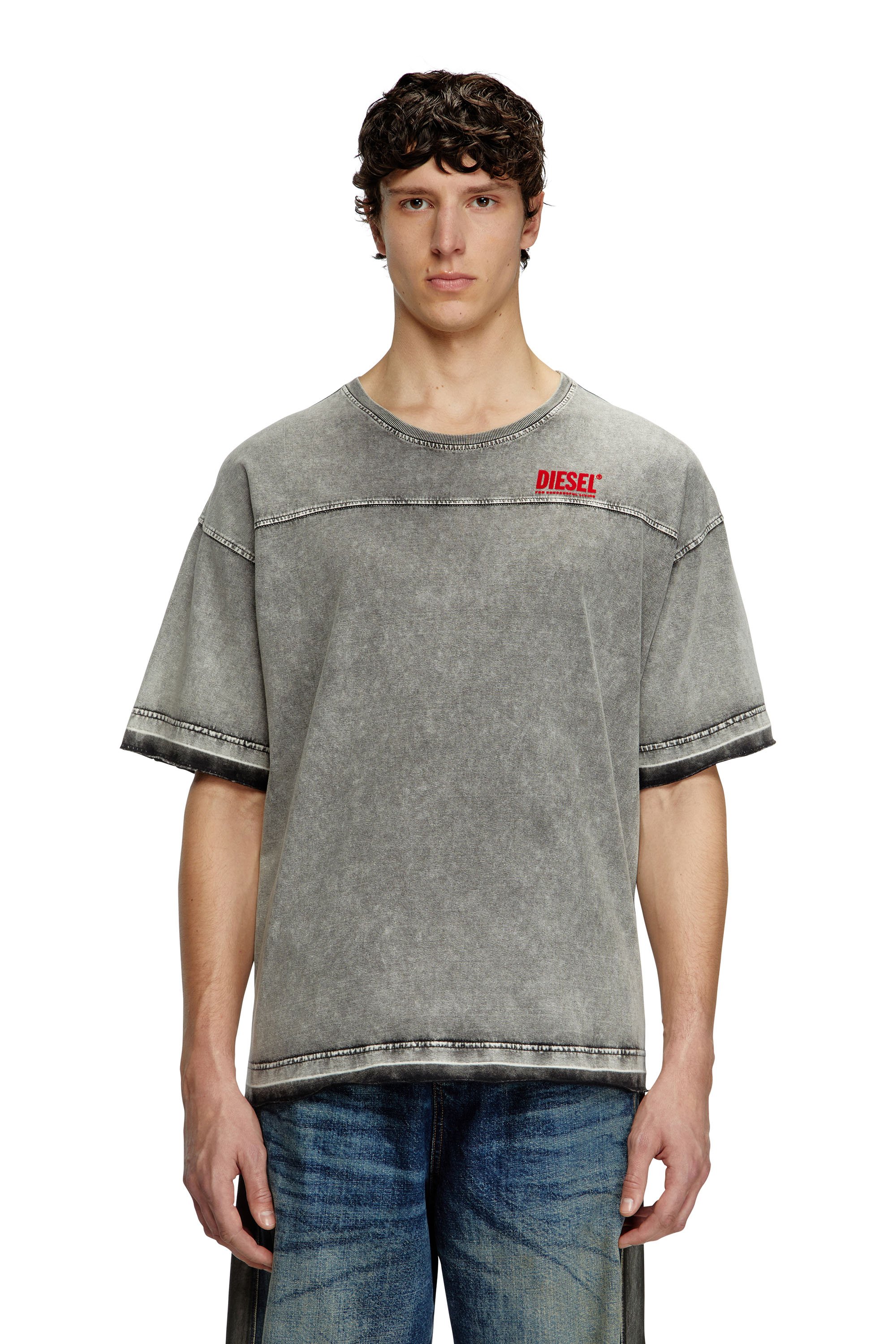 Diesel - T-HOXT, Male's Denim-look T-shirt with released hems in Light Grey - 1