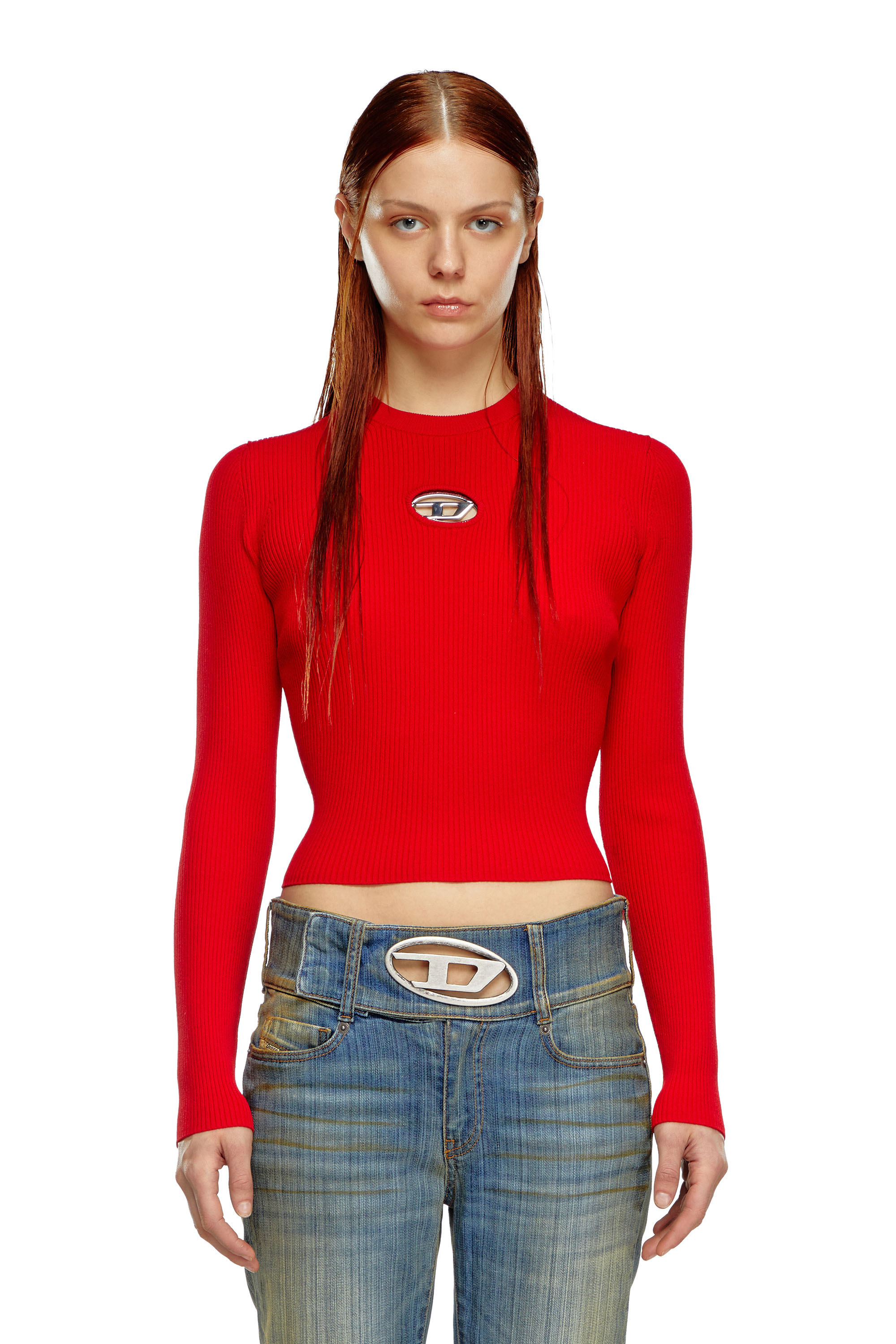 Diesel - M-VALARI, Female's Rib-knit viscose-blend top with Oval D in Red - 1