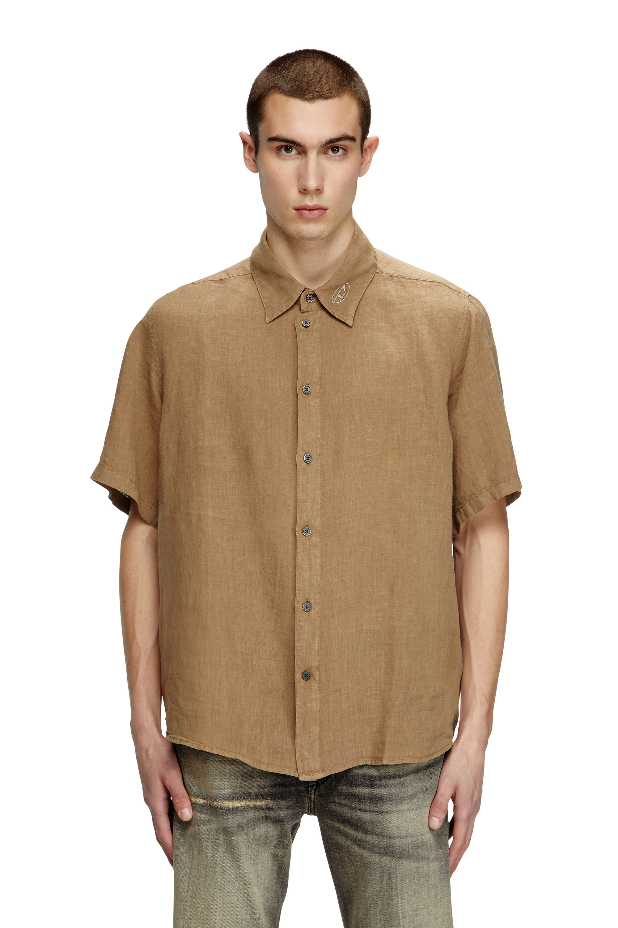 Diesel - S-UCCLE-A, Male's Short-sleeve linen shirt with logo collar in null - 1