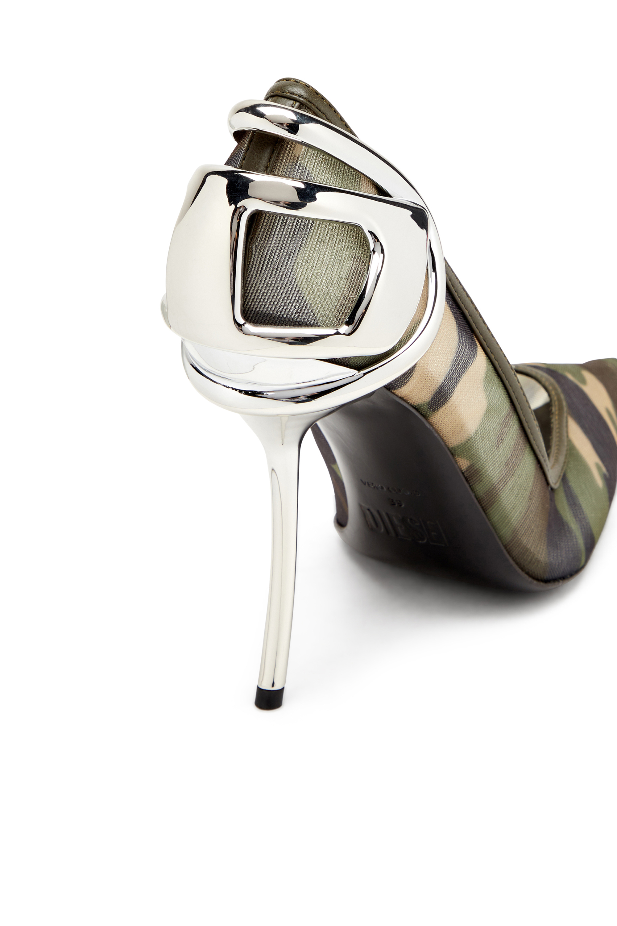 Diesel - D-TEN&HALF P, Female's Camo-mesh pumps with curved heel in Military Green - 5