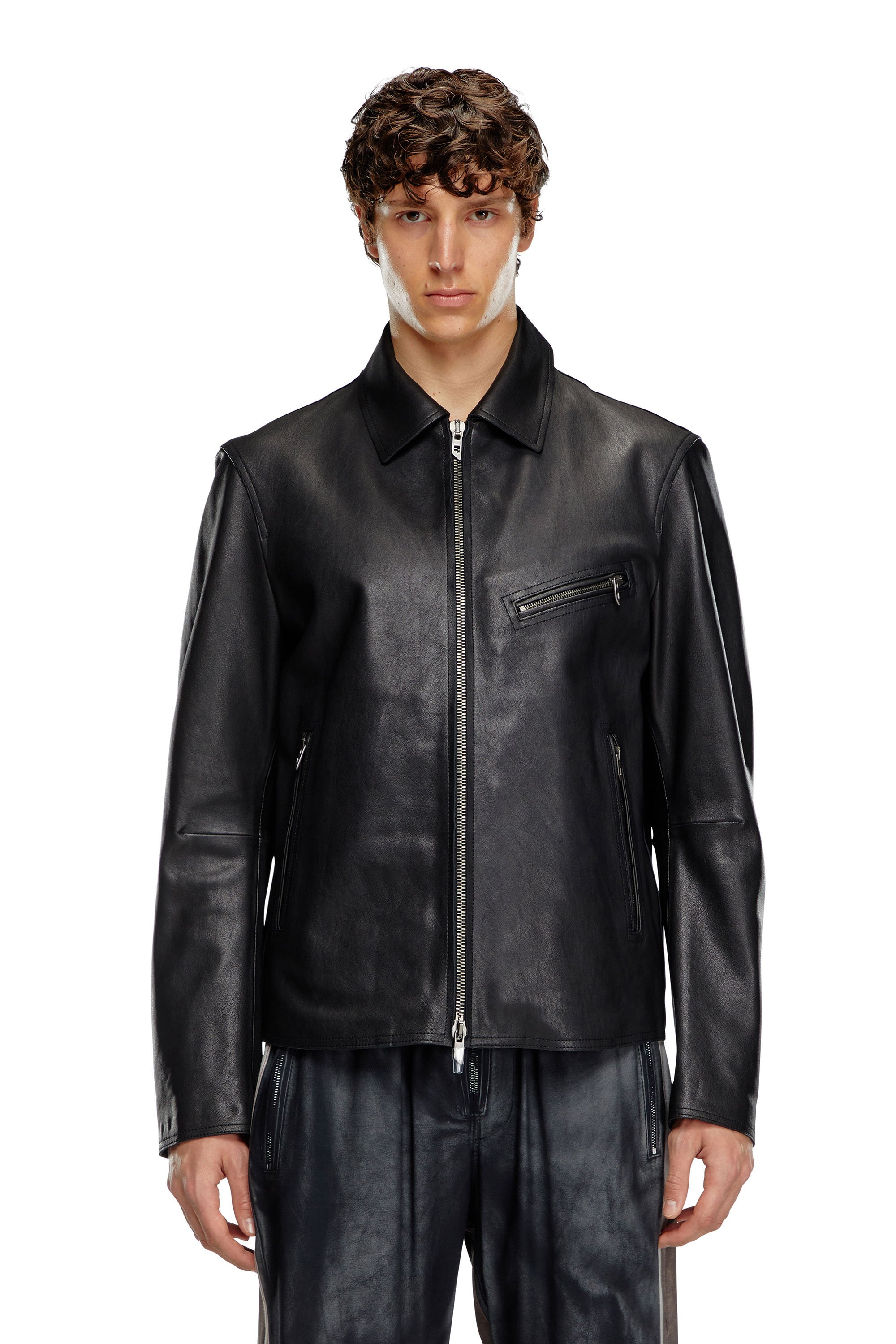 Diesel - L-KORN-A, Male's Leather jacket with embossed Oval D in Black - 1