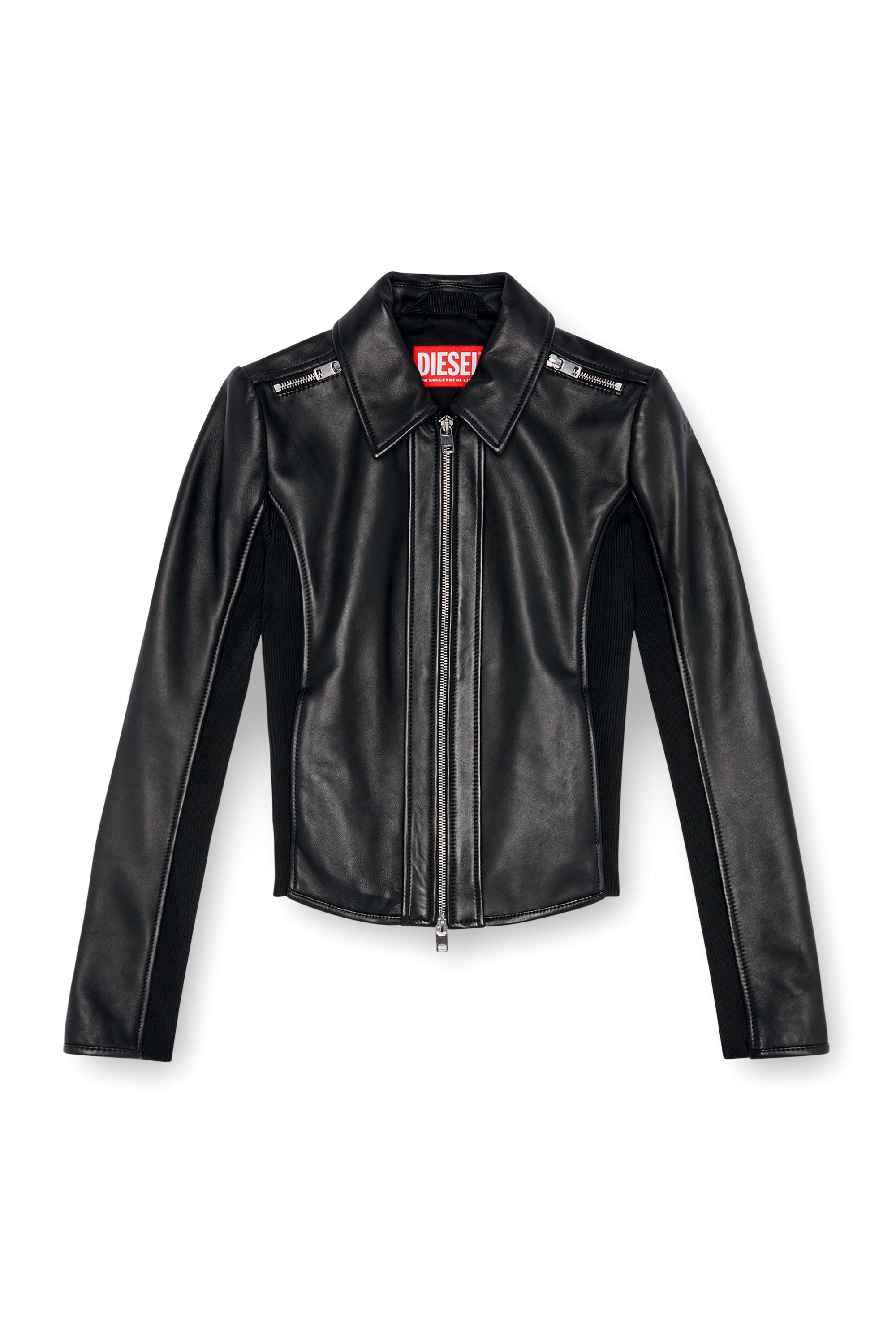 Diesel - L-SASK, Female Leather biker jacket with rib panels in Black - Image 3