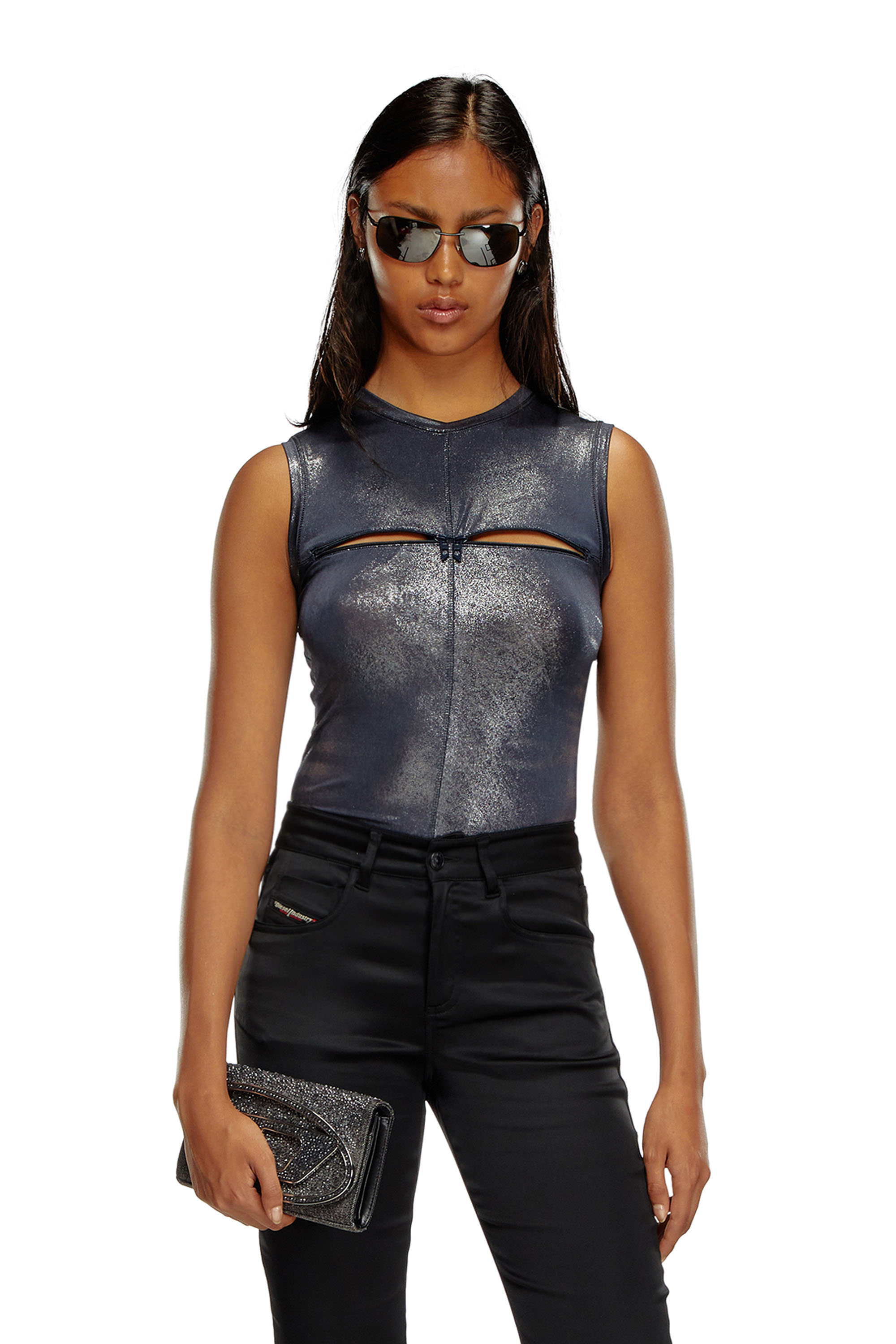 Diesel - T-VEZZY, Female's Metallic tank top with chest slit in Blue - 1