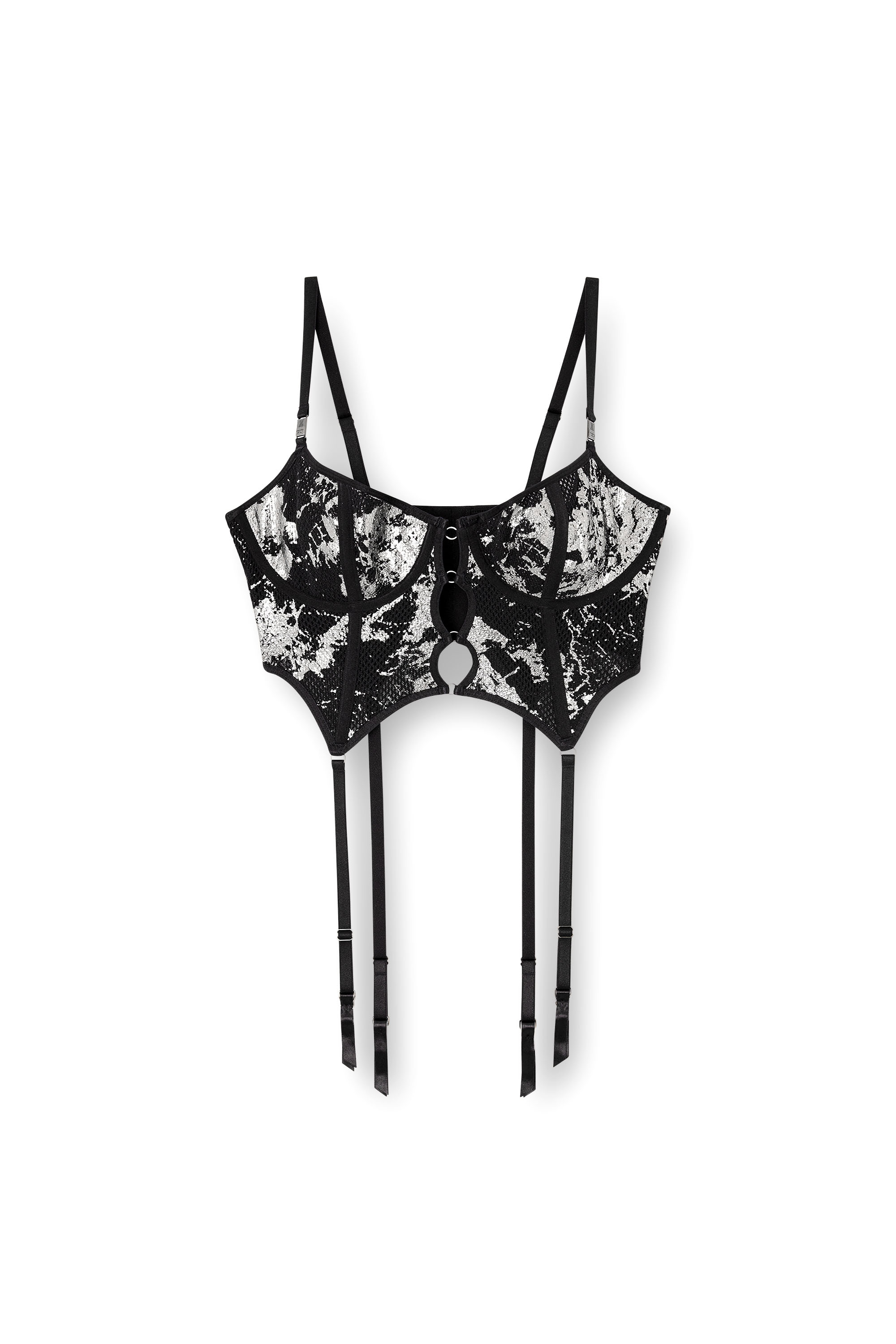 Diesel - FISHNET-BUSTIER, Female's Suspender bustier in foiled fishnet in Black/Silver - 4