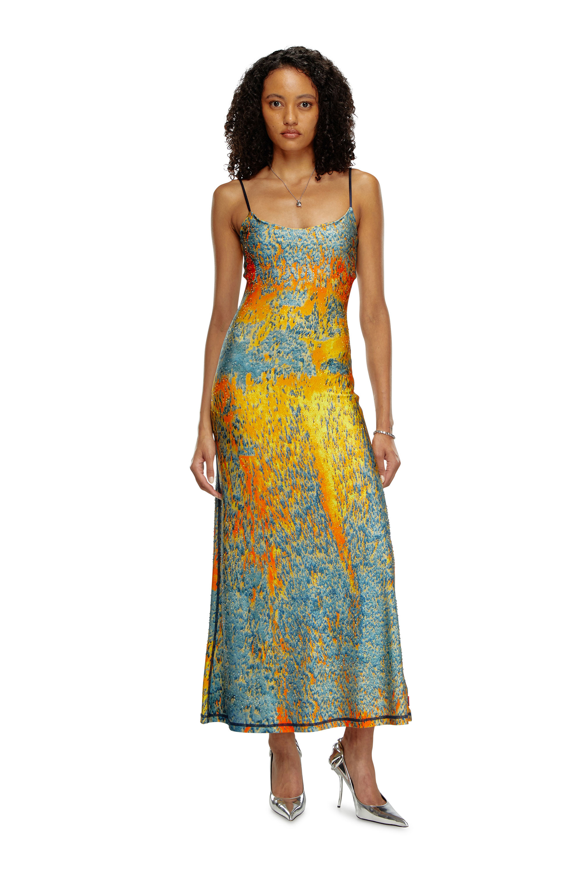 Diesel - D-AMOUR, Female's Long printed dress with clear crystals in Blue/Orange - 1