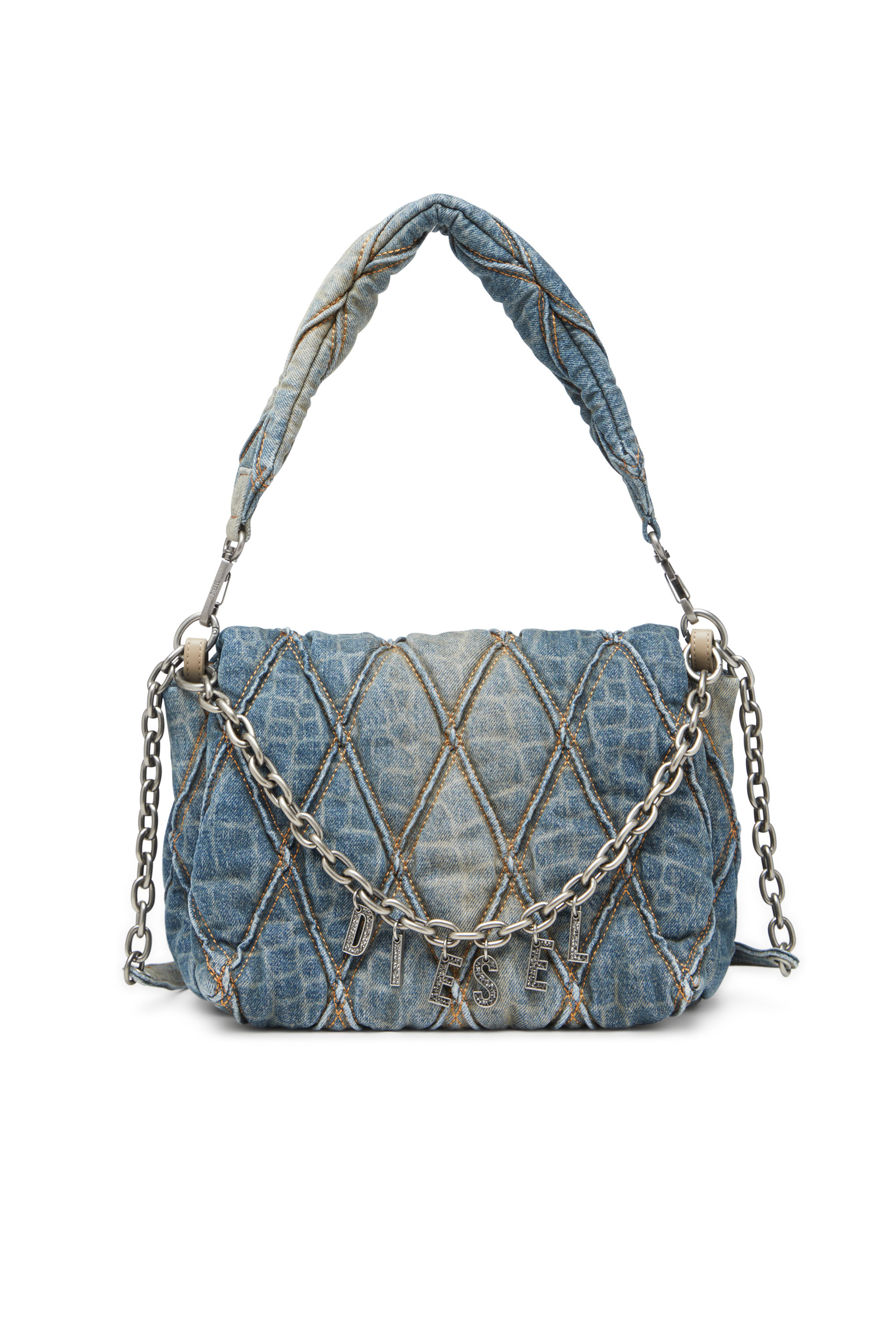 Diesel - CNY CHARM-D SHOULDER M, Female's Shoulder bag in snake-print quilted denim in Blue - 1