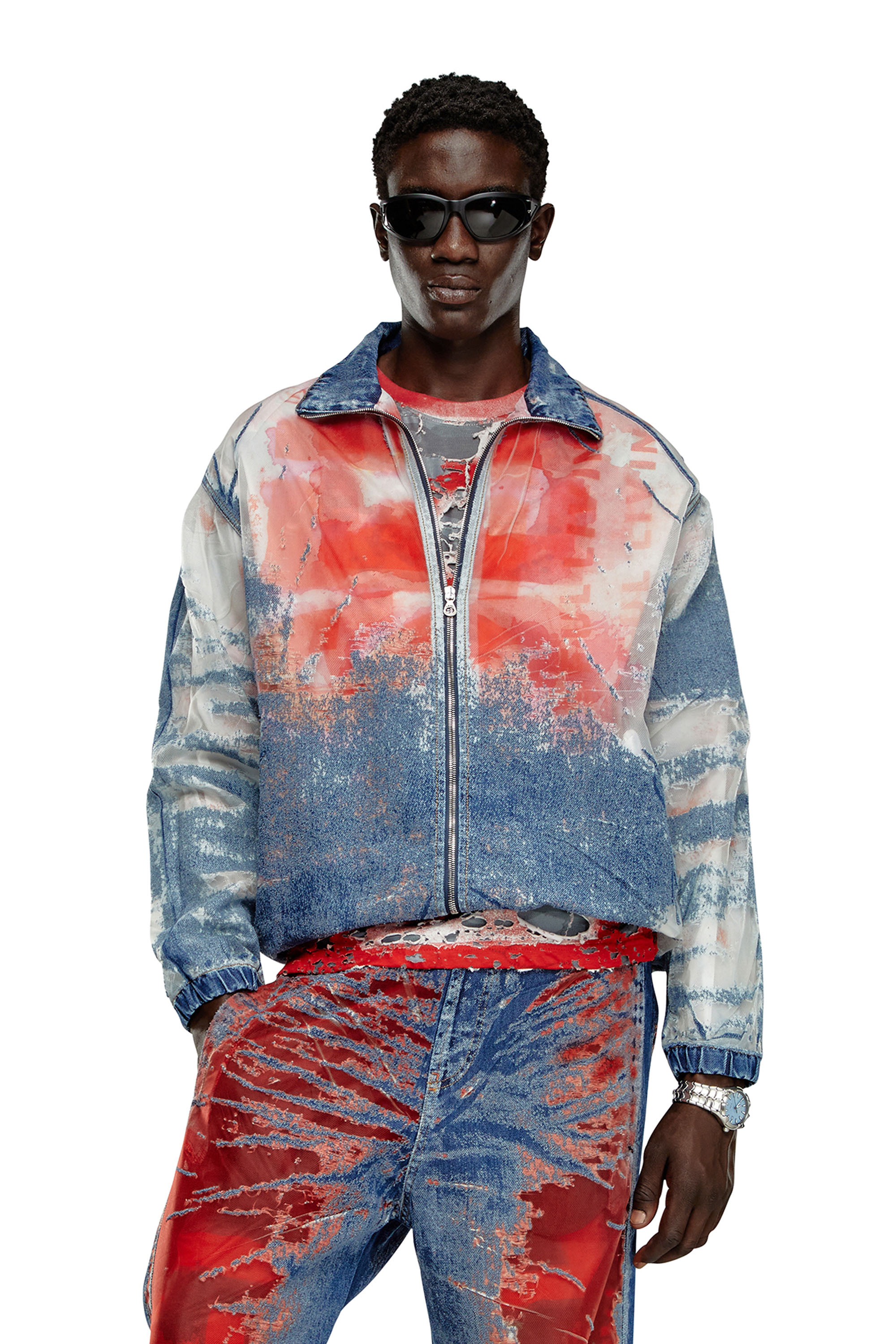 Diesel - D-KRAP-FSE, Male Jacket in devoré denim with logo in Multicolor - Image 1