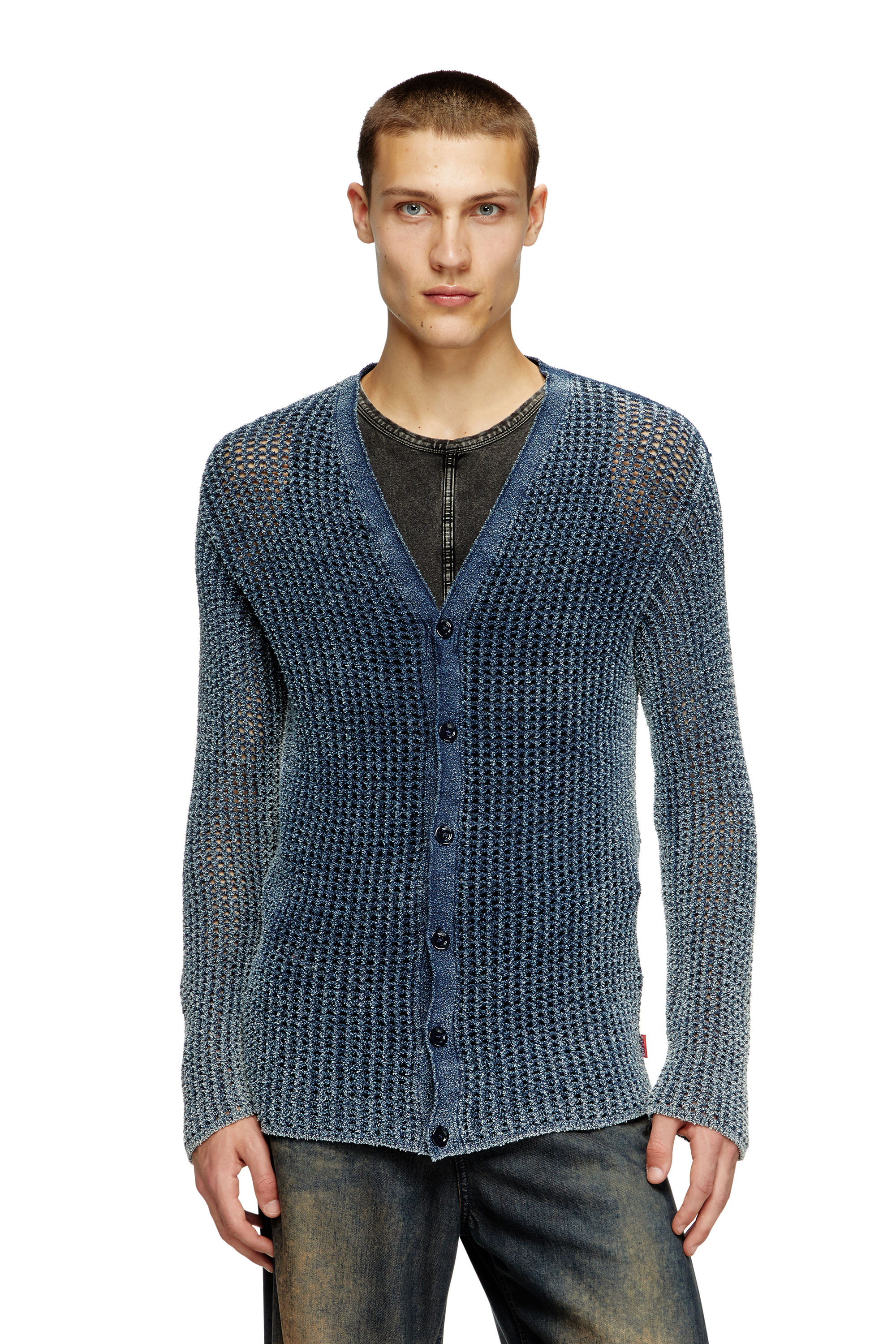 Diesel - K-REDRAM, Cardigan en maille mesh en fil de denim Homme in Bleu - 1