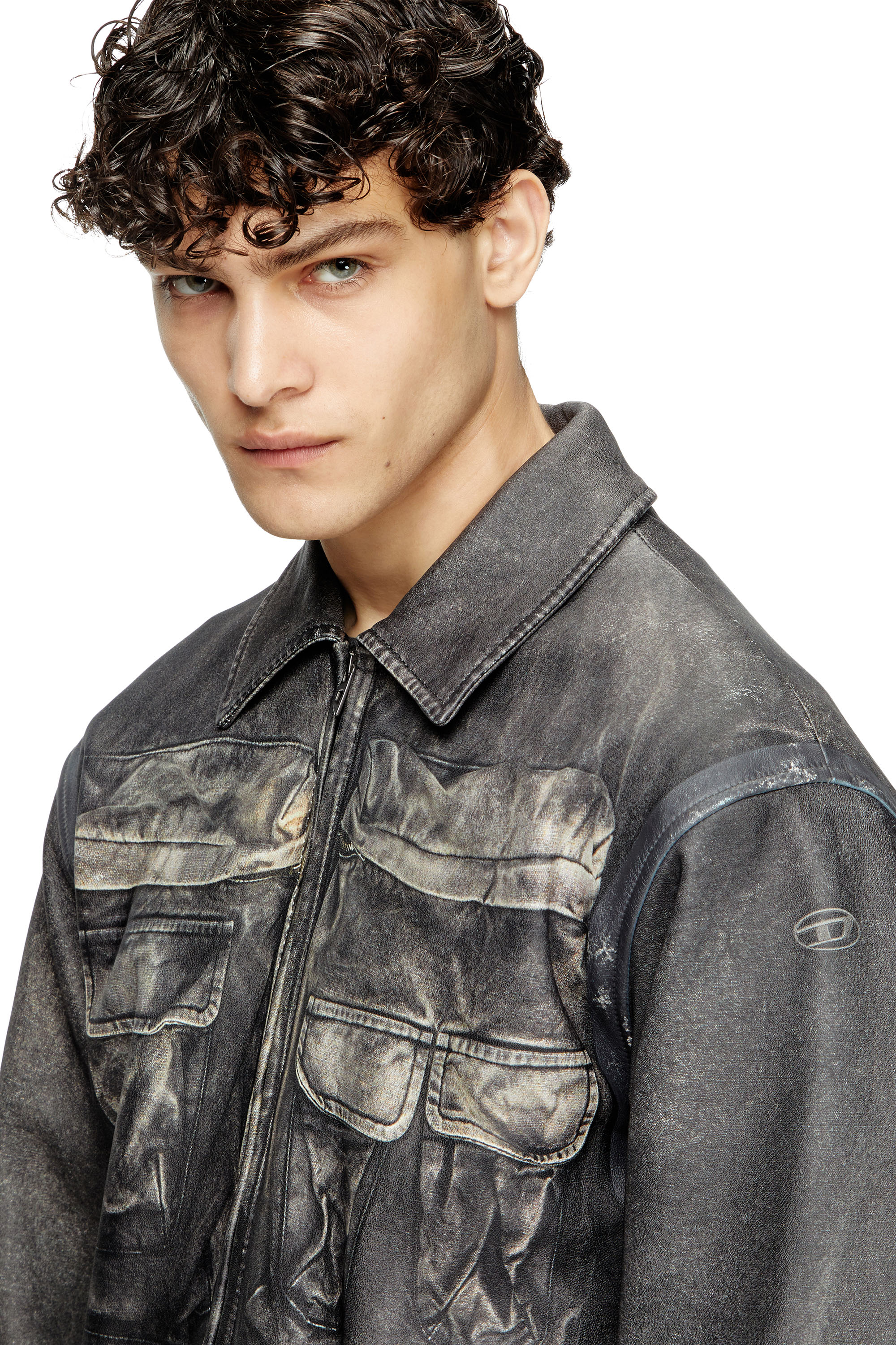 Diesel - L-MAYER, Male's Leather jacket with trompe l'oeil pockets in Black - 4