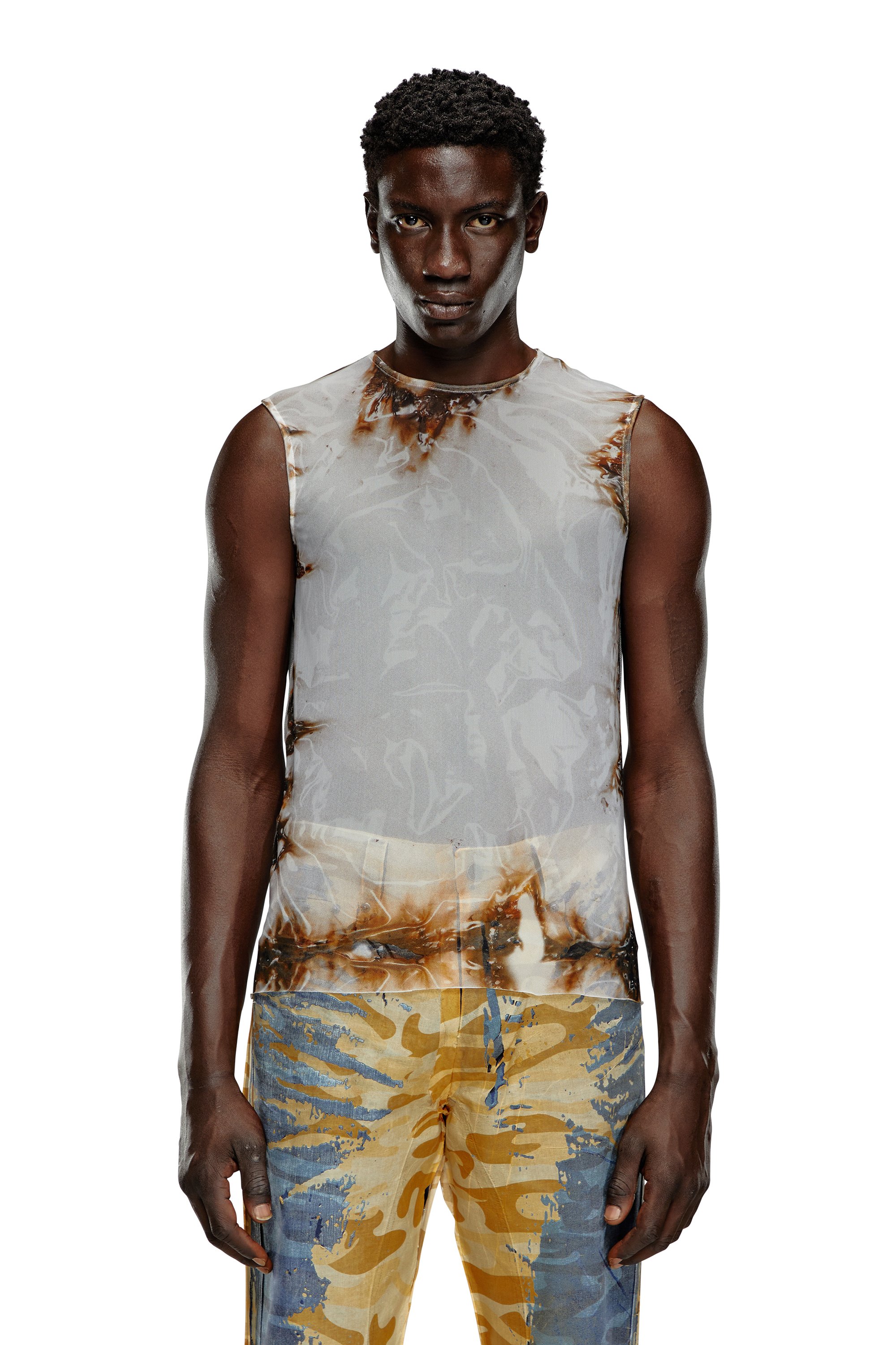 Diesel - T-BISCO-BURN-ART, Male Tulle top with burning plastic print in Multicolor - Image 4