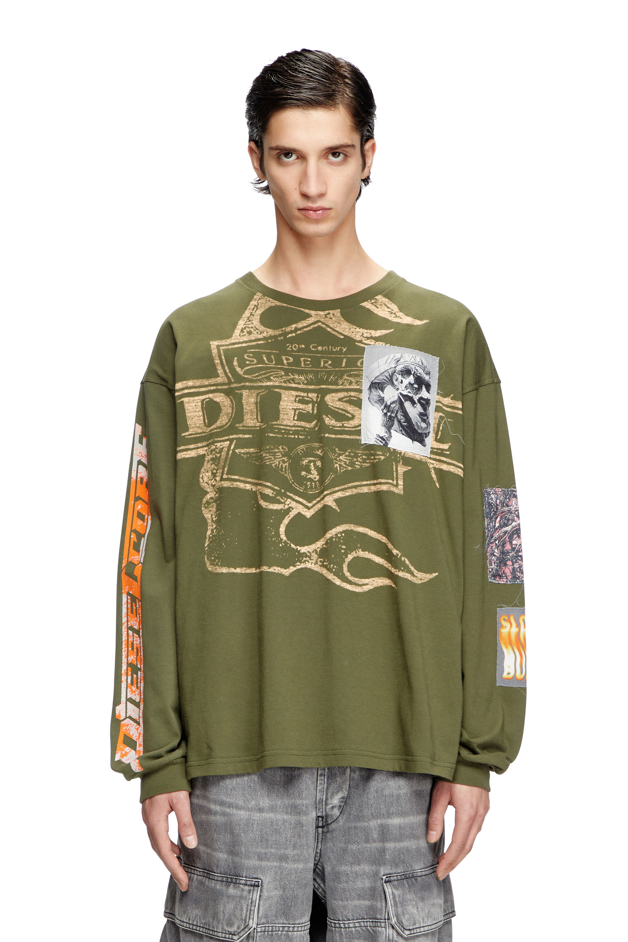 Diesel - T-BOXT-LS-SLITS-R5, T-shirt à manches longues avec empiècements graphiques Homme in Vert - 1