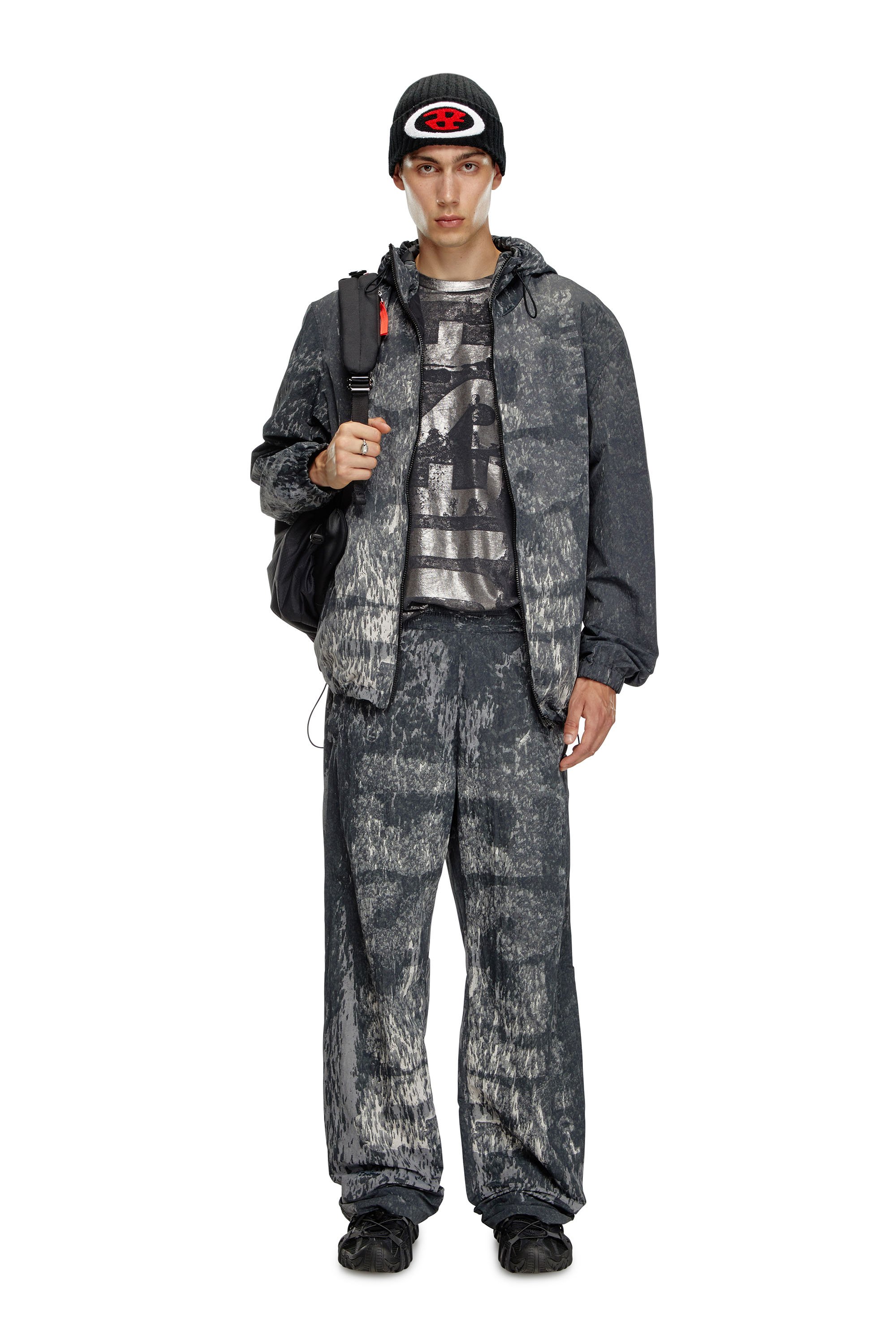 Diesel - J-BRICK, Male's Hooded windbreaker with Rain Camo print in Black - 2