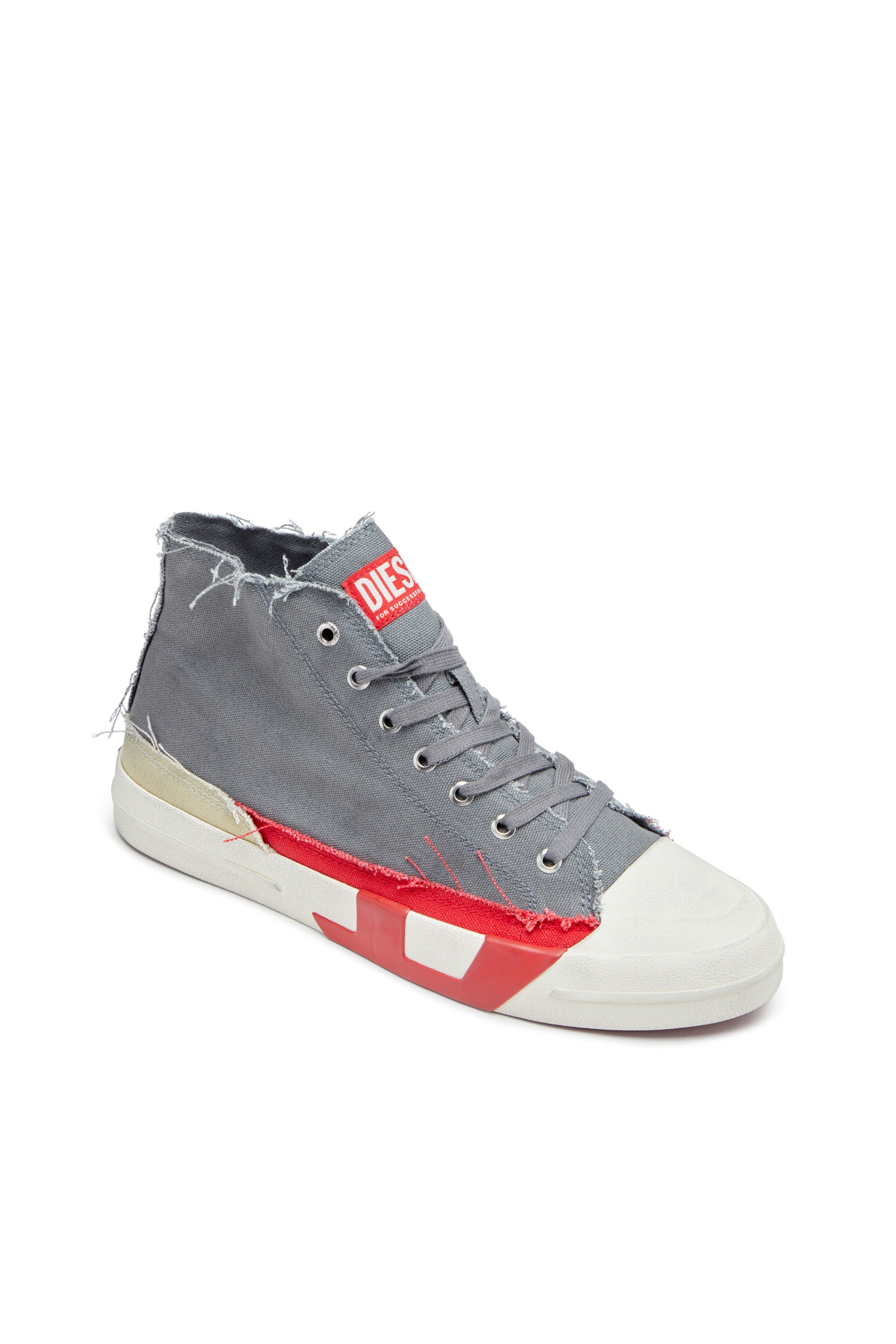 Diesel - S-D-VERSE MID, Male's Dirty-effect high-top canvas sneakers in Grey/Red - 6