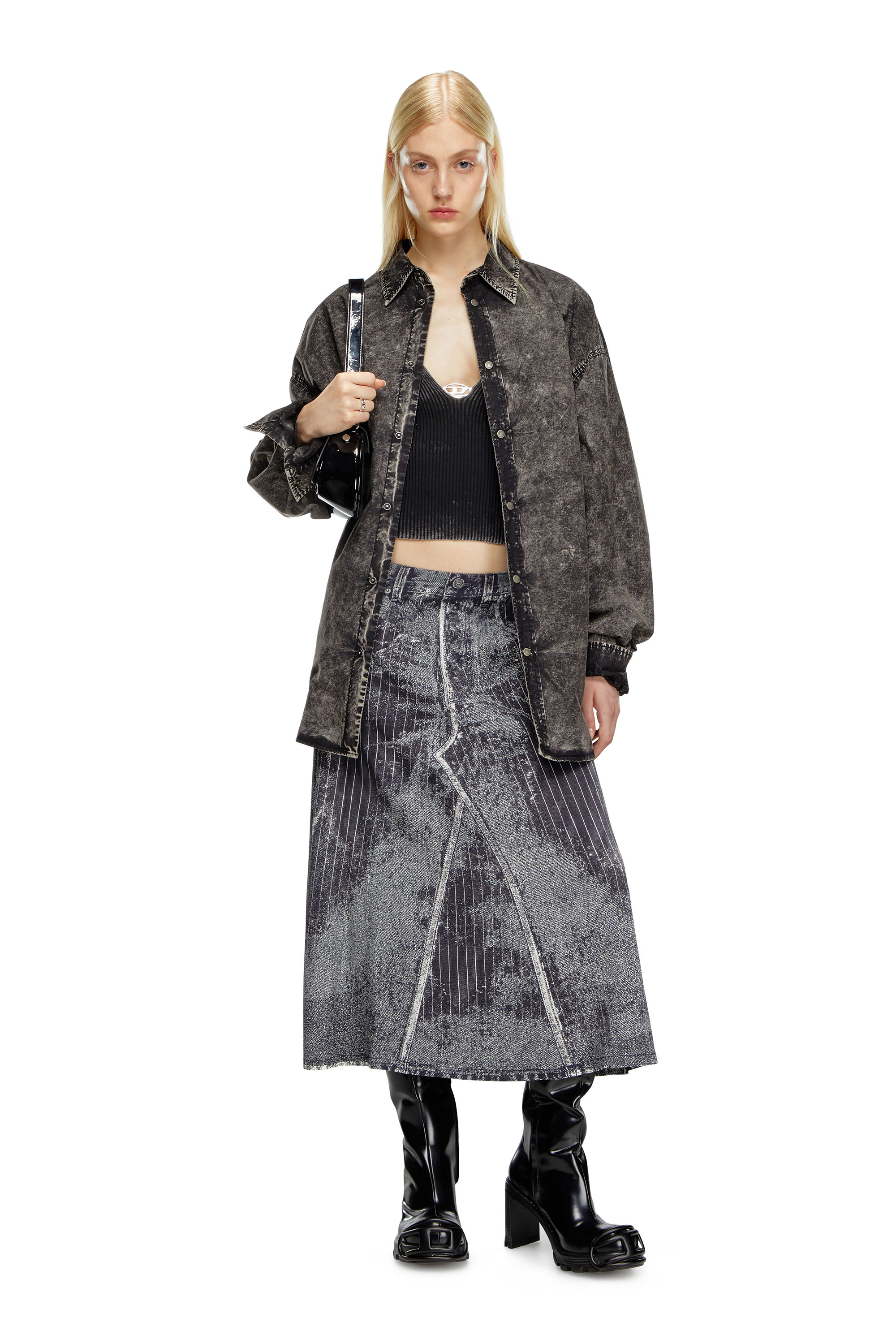 Diesel - O-HANNA, Female Satin skirt with print of pinstripe denim in Black - Image 2