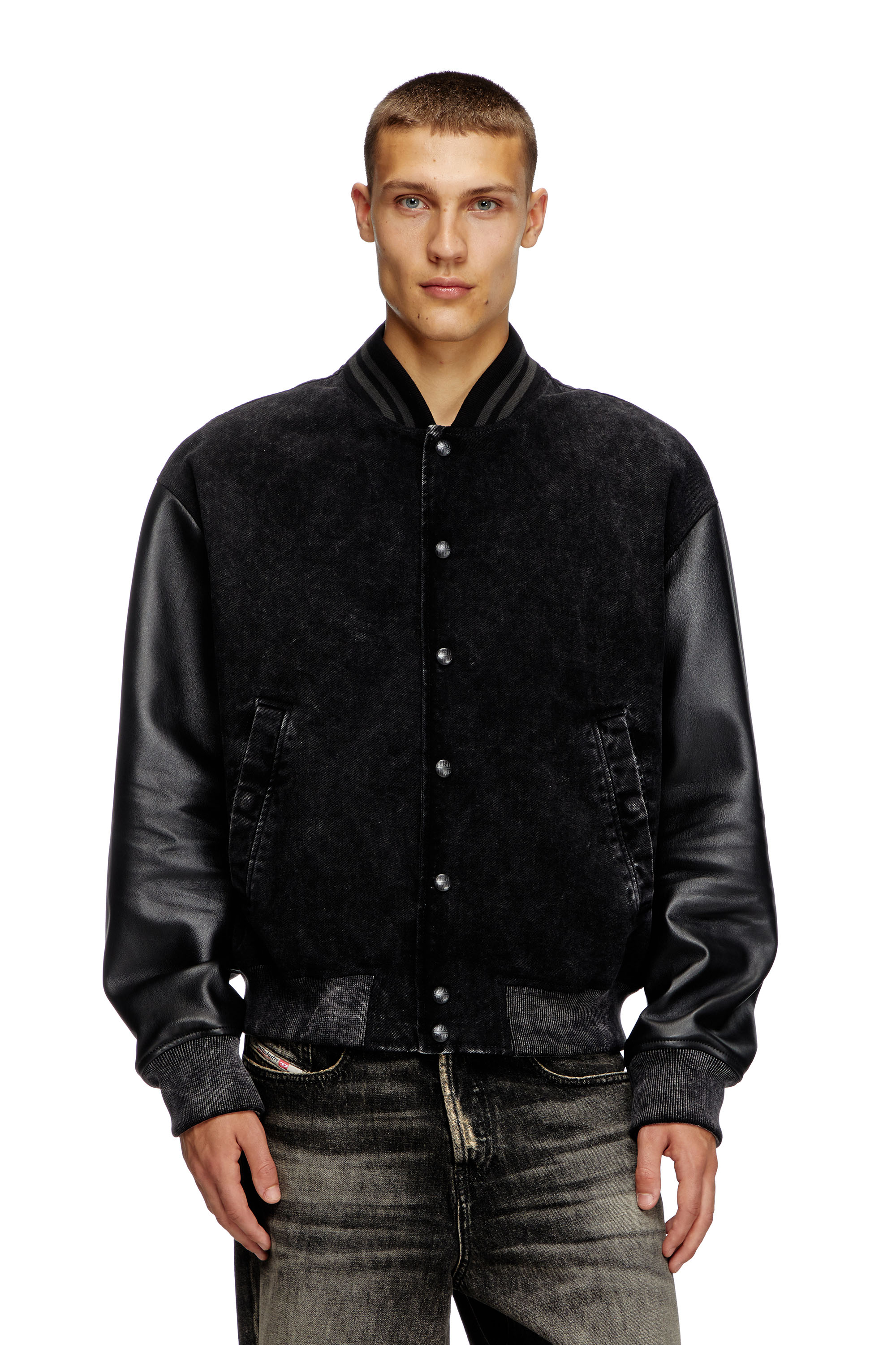 Diesel - L-NYN, Veste bomber en denim et cuir Homme in Noir - 3