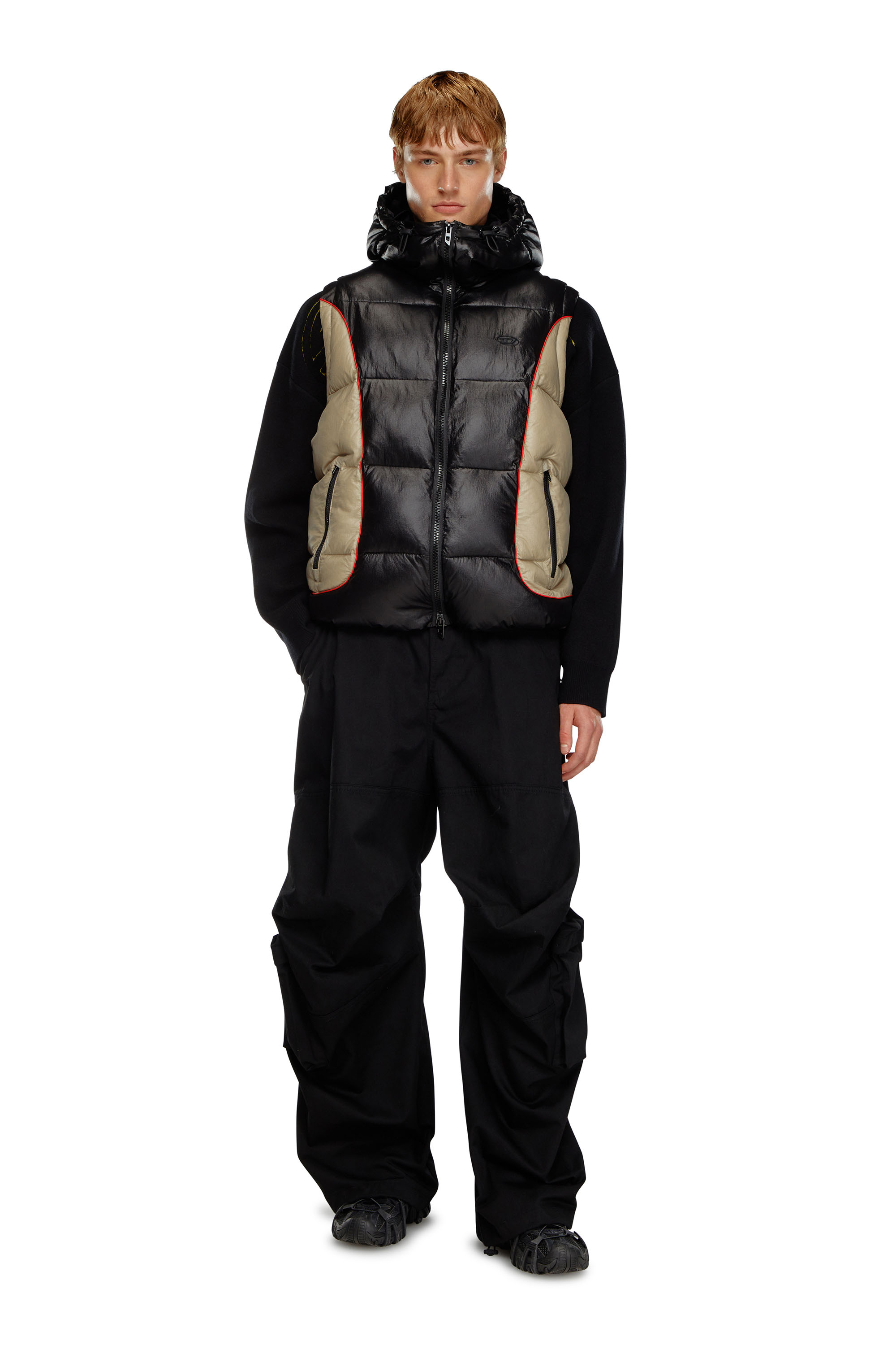 Diesel - W-OSTEND-SL, Male's Hooded puffer vest in shiny ripstop in Black/Beige - 2