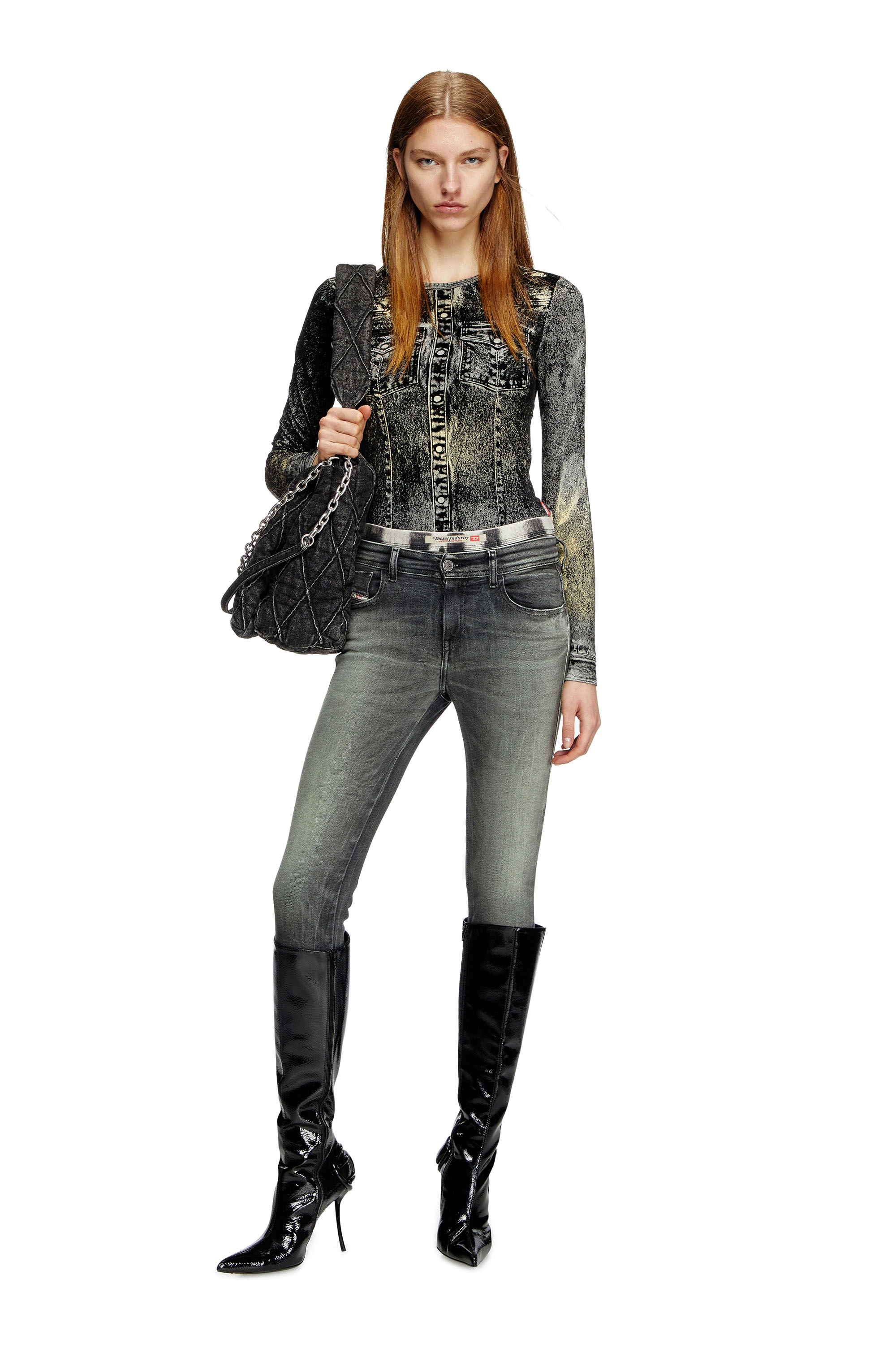 Diesel - T-AXY, Long sleeve top with jacket print Femme in Gris - 2