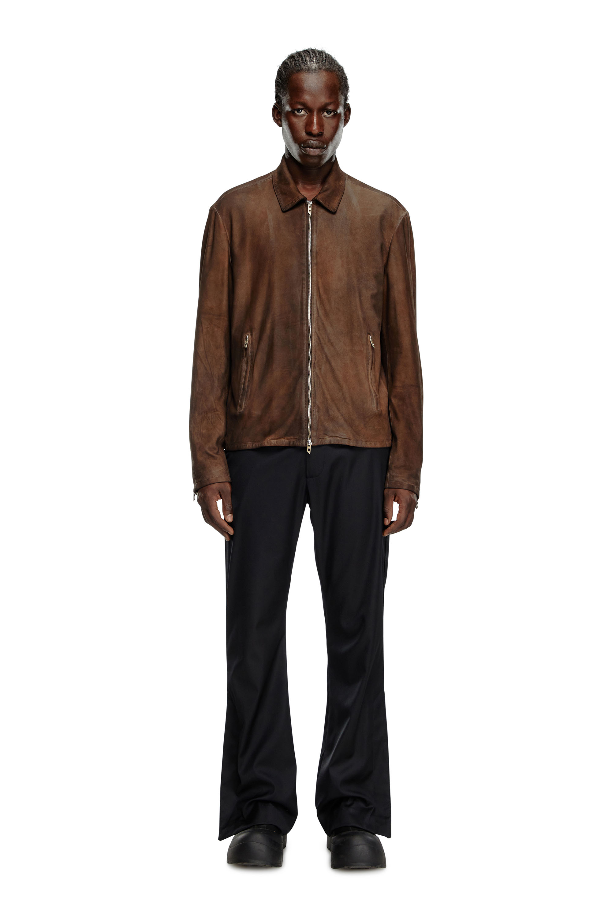 Diesel - L-CROMBE, Male's Blouson jacket in treated leather in Brown - 2