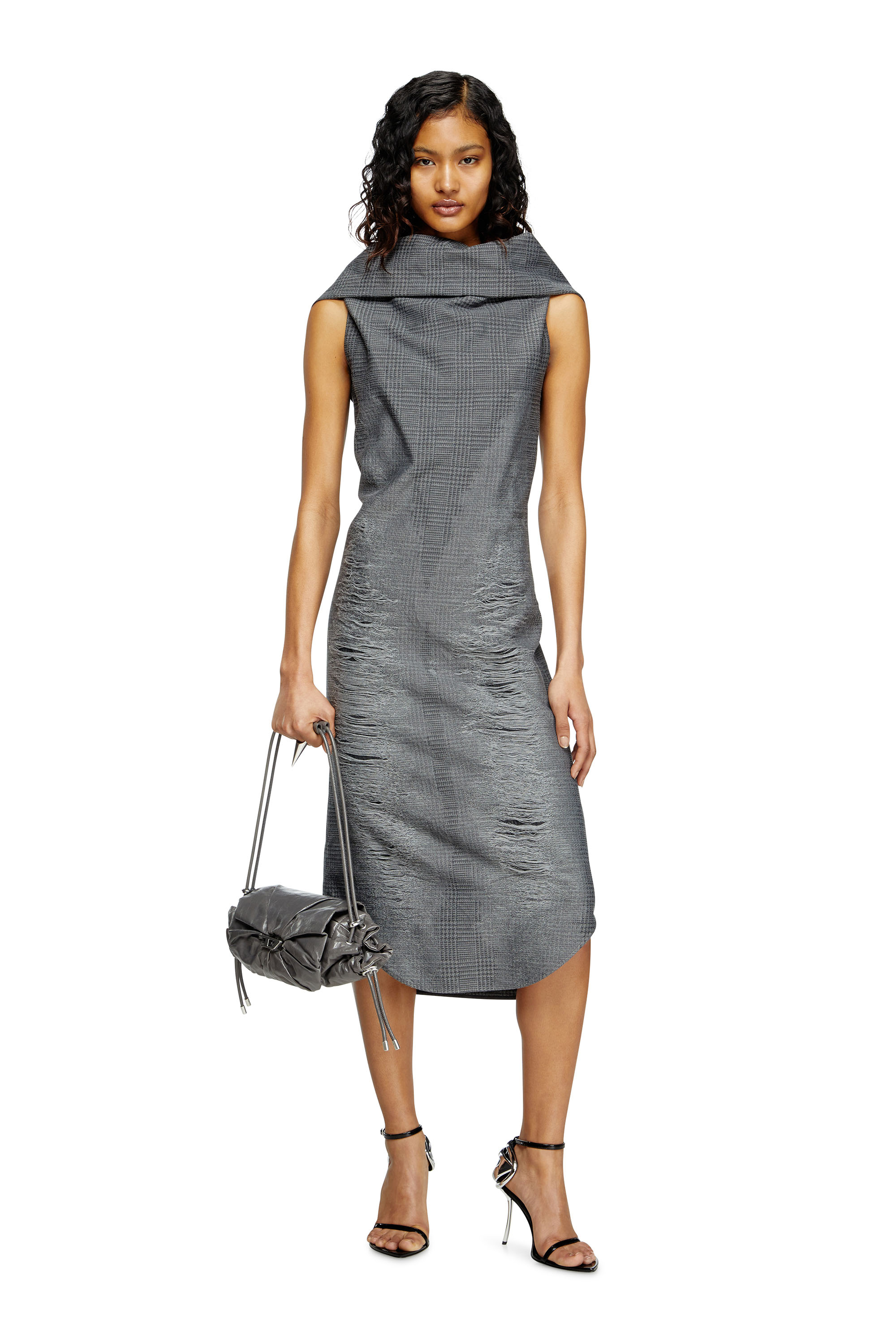 Diesel - D-MAUVE, Female's Prince of Wales midi dress with distressing in Grey - 1