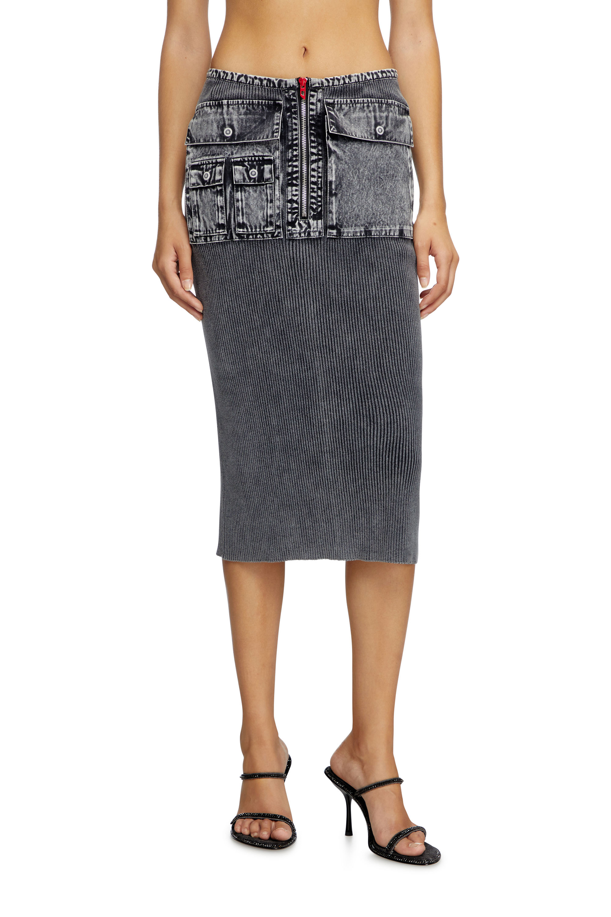 Diesel - M-MERYN, Female's Knit midi skirt with denim cargo pockets in Dark Grey - 1