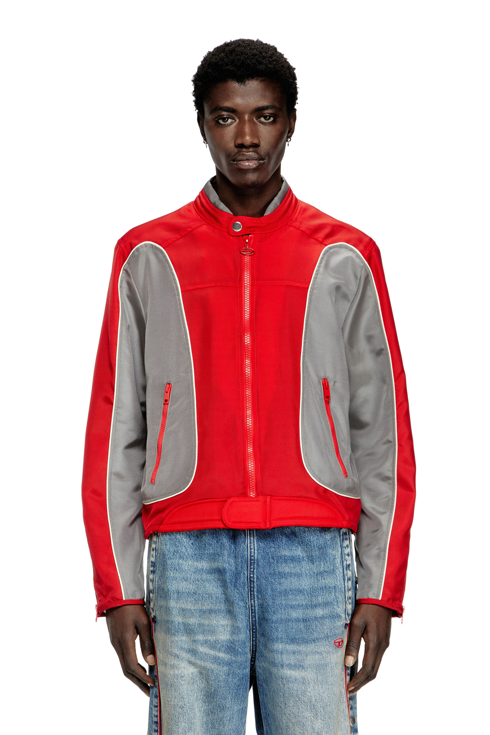 Diesel - J-BLINK-A, Male's Colour-block biker jacket with piping in Red/Grey - 1