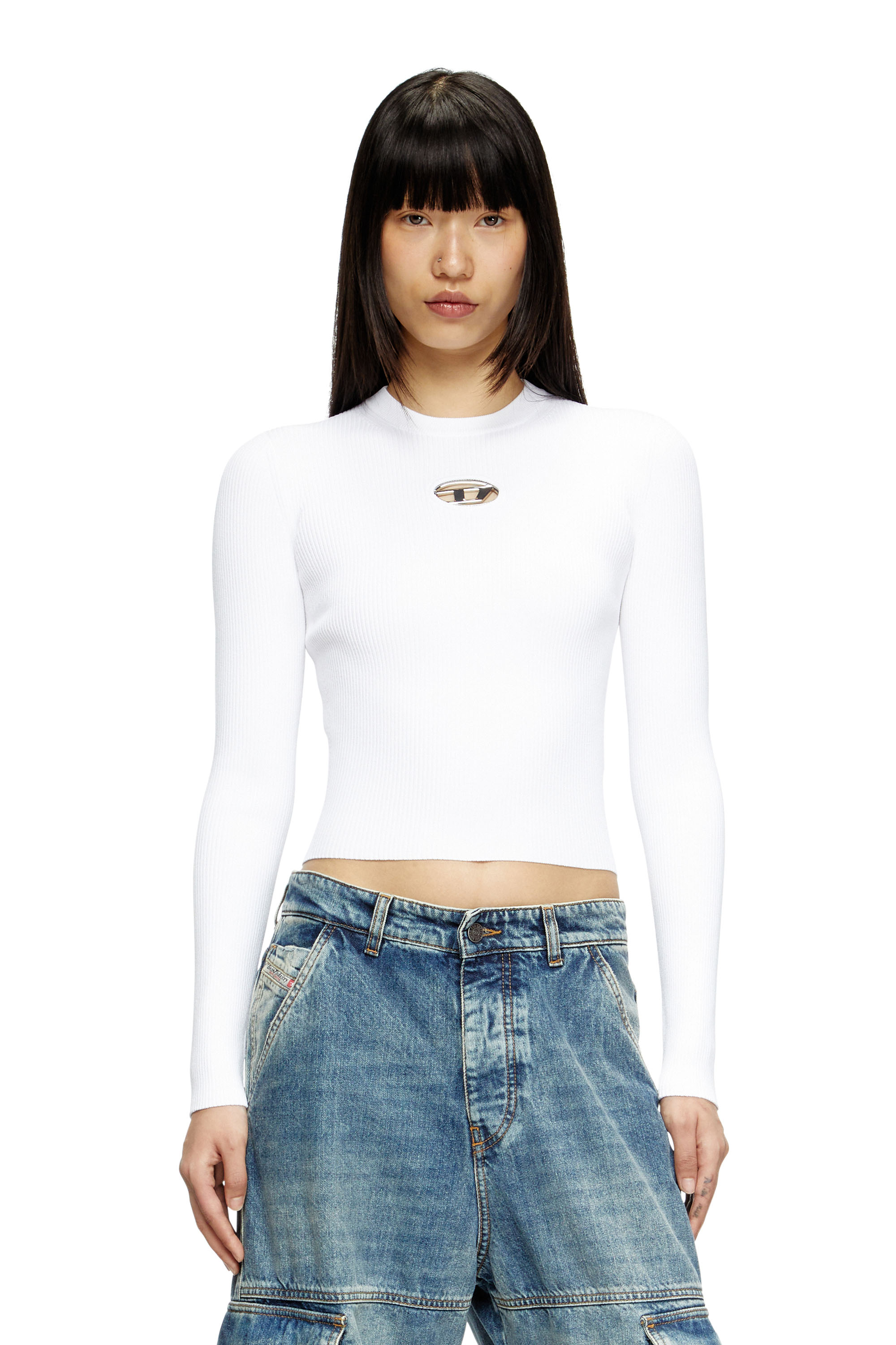 Diesel - M-VALARI, Female's Rib-knit viscose-blend top with Oval D in White - 1