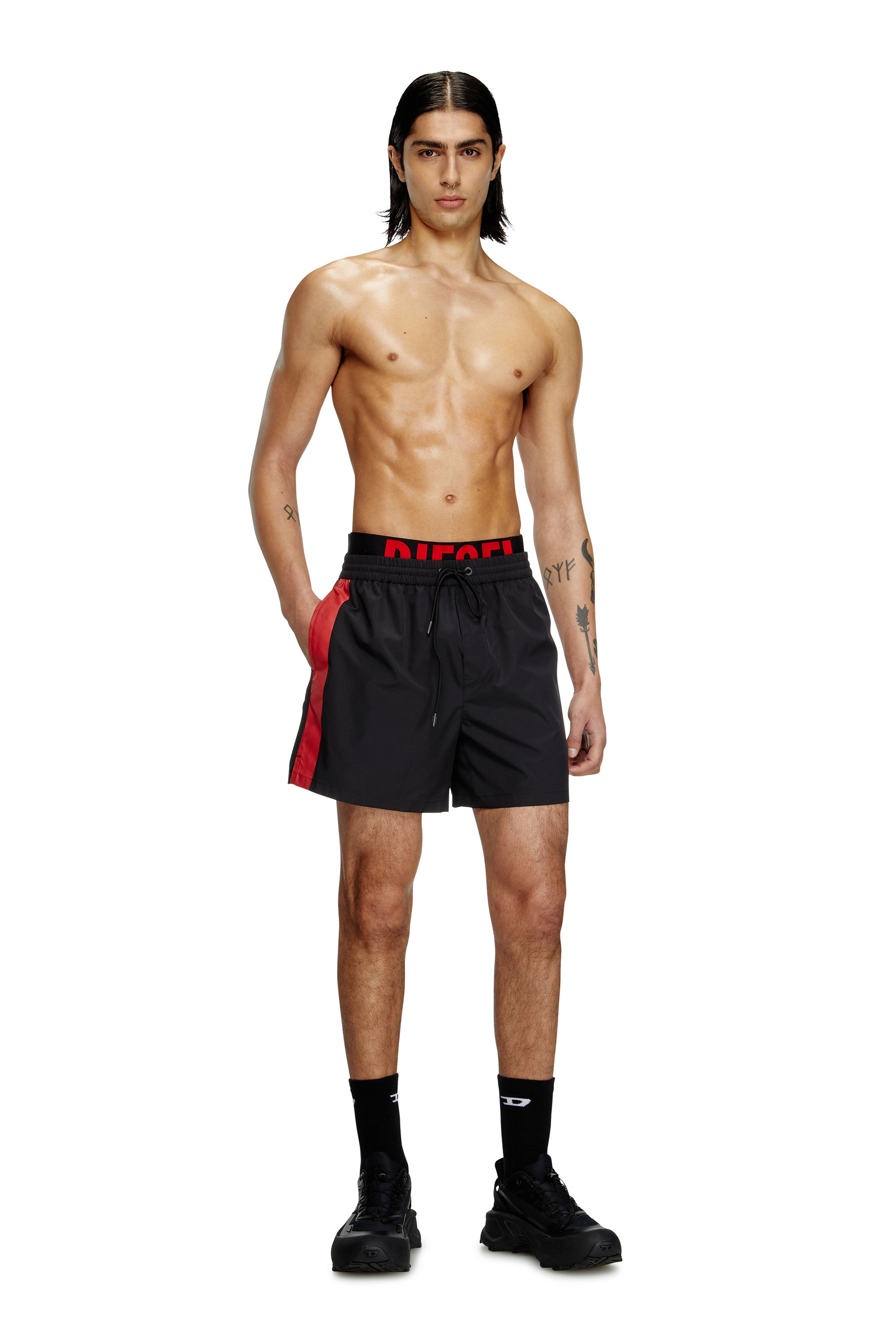 Diesel - VISPER-41-D-POP, Male's Mid-length swim shorts with hybrid waist in Black/Red - 1