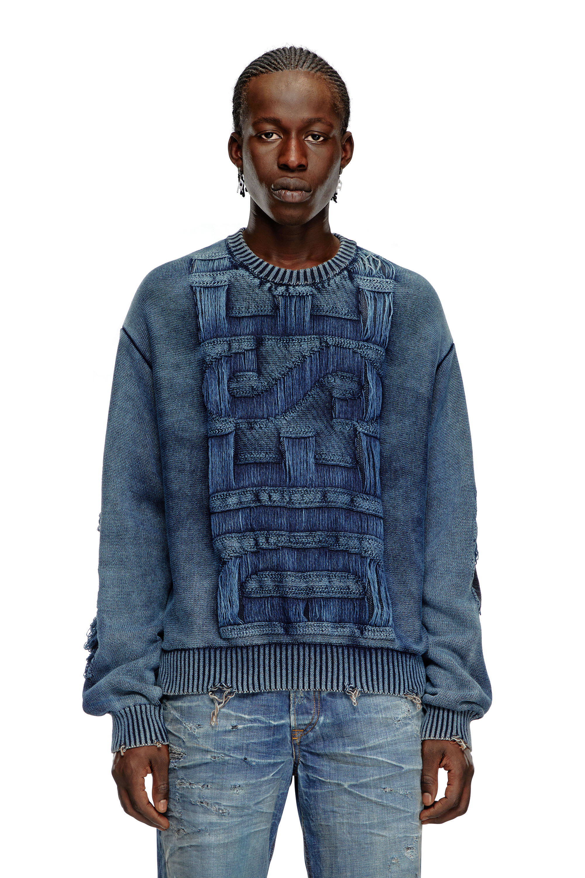 Diesel - K-ROTTISSIMO, Male's Destroyed jumper with floating yarn logo in Blue - 4