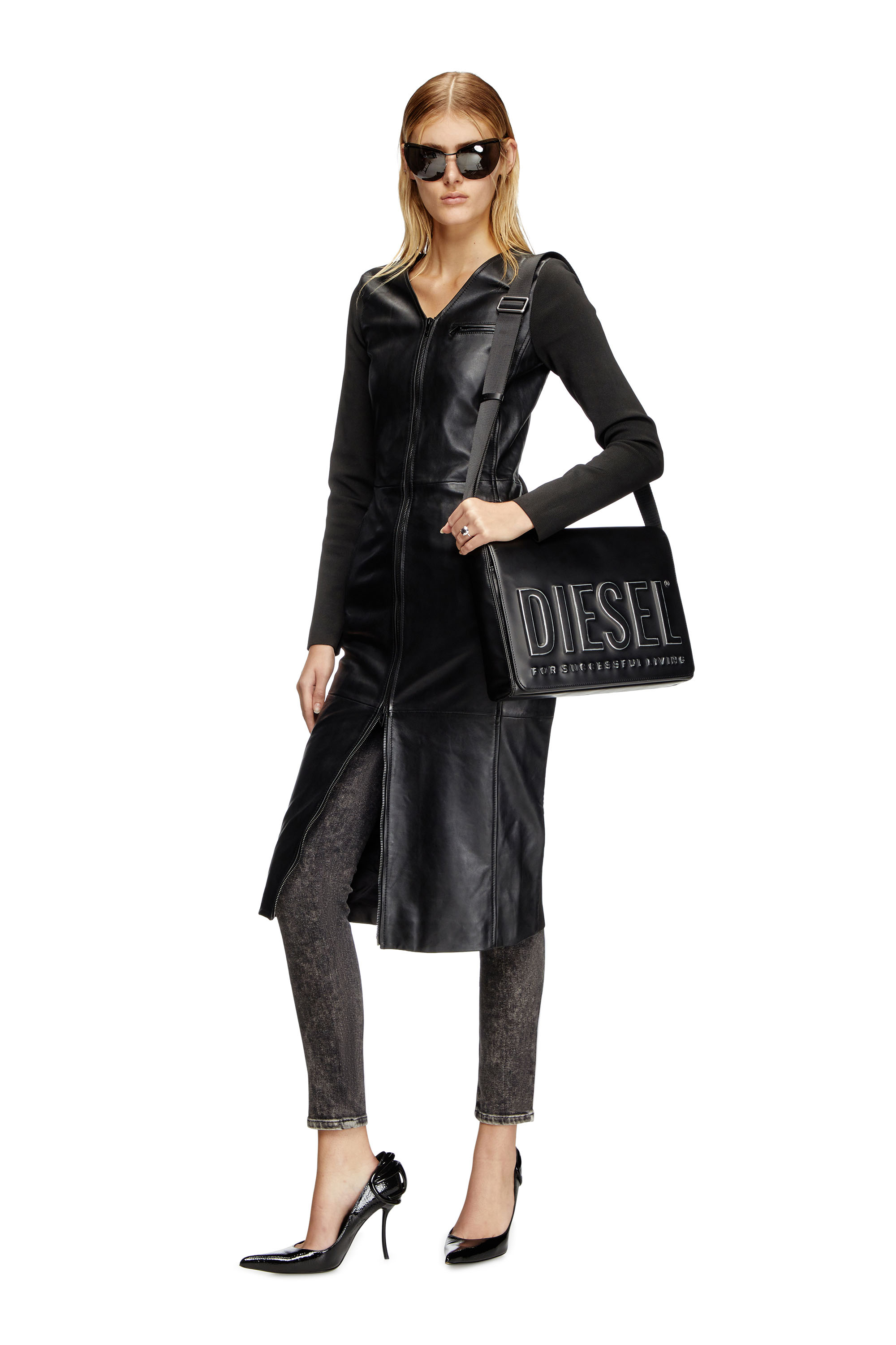 Diesel - L-OLA, Female's Dress in leather and stretch knit in Black - 1