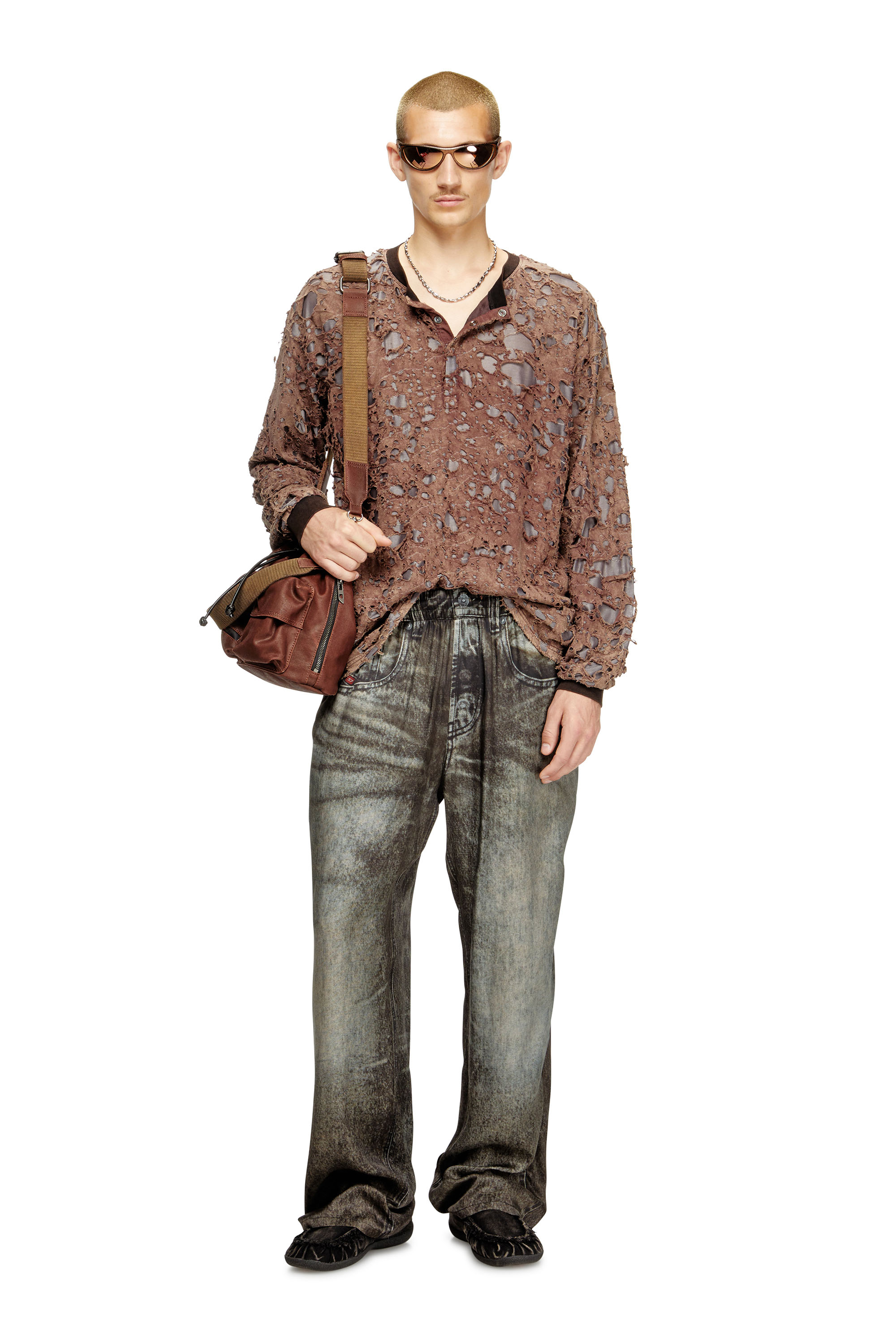 Diesel - T-OVERT, Male's Long-sleeve T-shirt in destroyed jersey in Brown - 2