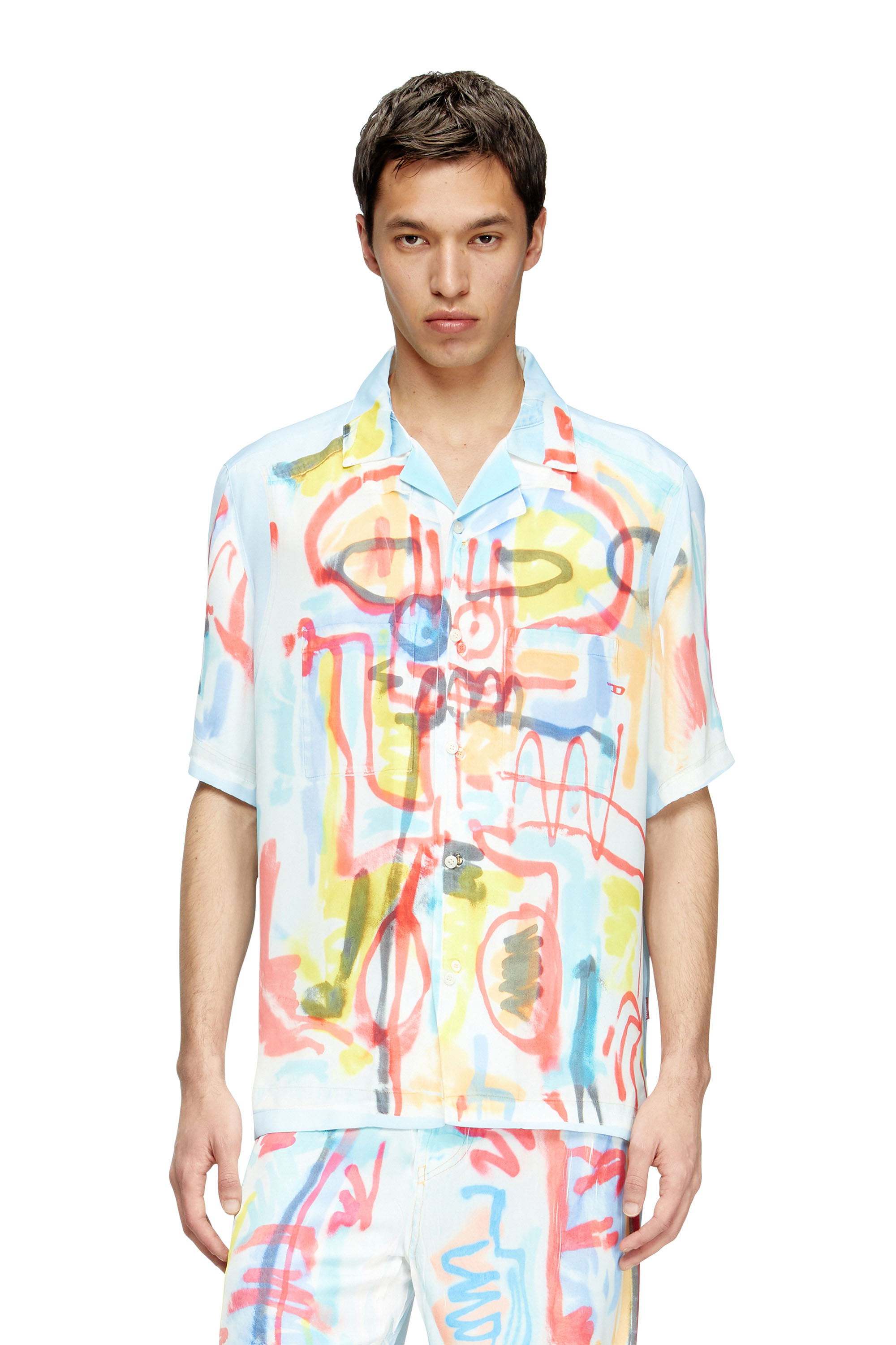 Diesel - C-PAROSHORT-GRAFFITI-AFR, Chemise bowling en satin avec imprimé graffiti Mixte in Bleu - 2