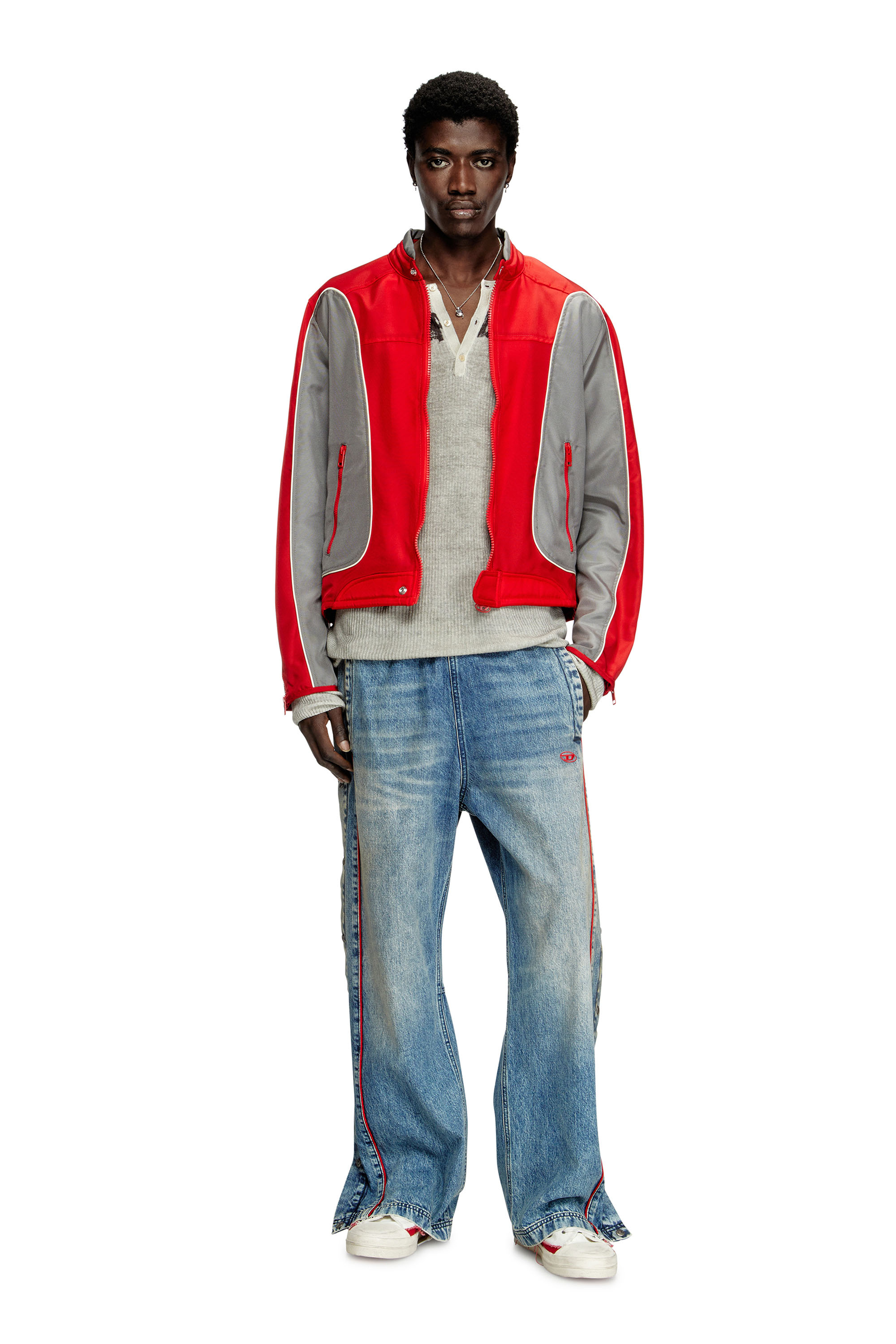 Diesel - J-BLINK-A, Male's Colour-block biker jacket with piping in Red/Grey - 2