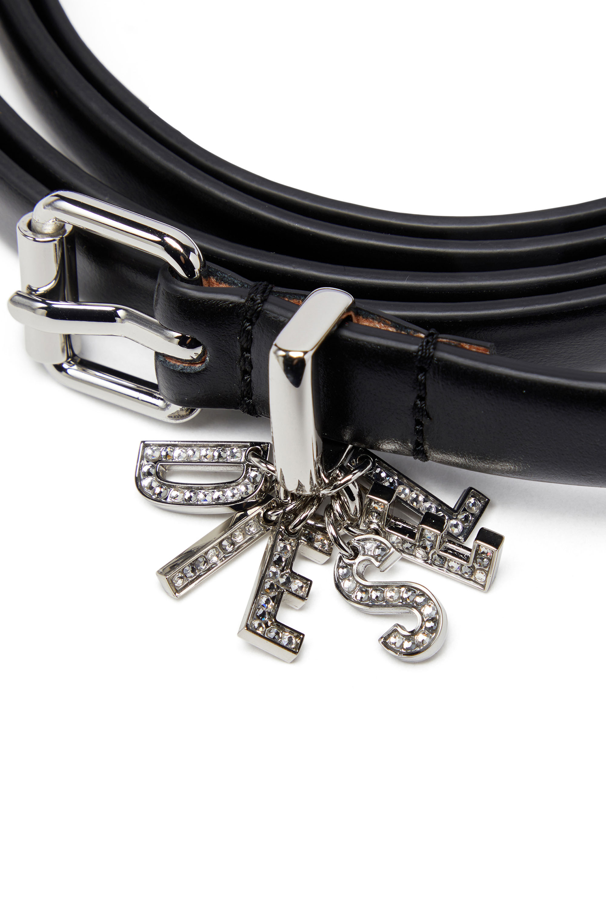 Diesel - B-CHARM-LOOP DOUBLE, Female's Leather belt with crystal logo charms in Black - 3