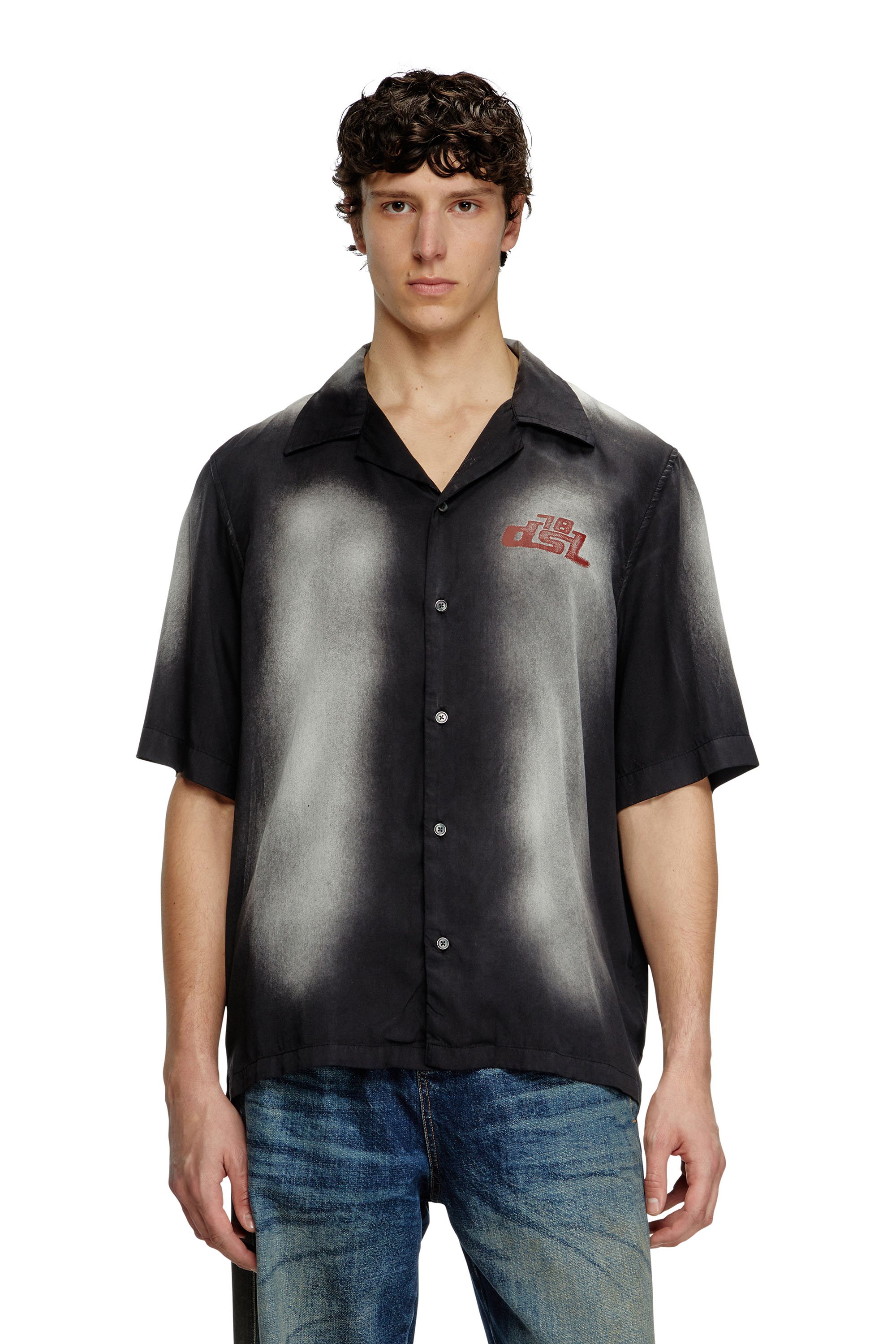 Diesel - S-ELLY, Male's Faded bowling shirt with logo prints in Black - 1