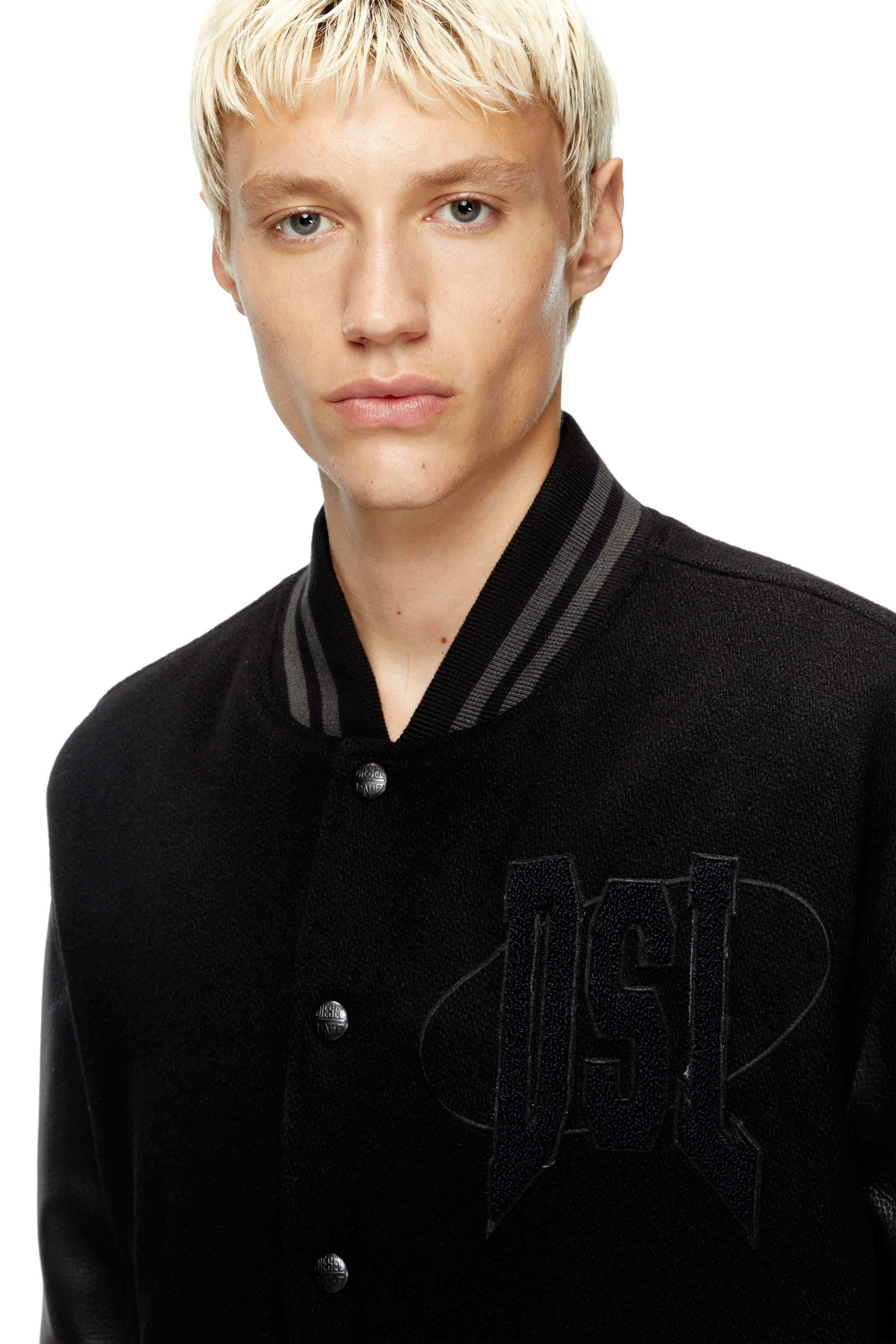 Diesel - L-NYMAN, Veste bomber style universitaire en coton et cuir Homme in Noir - 4