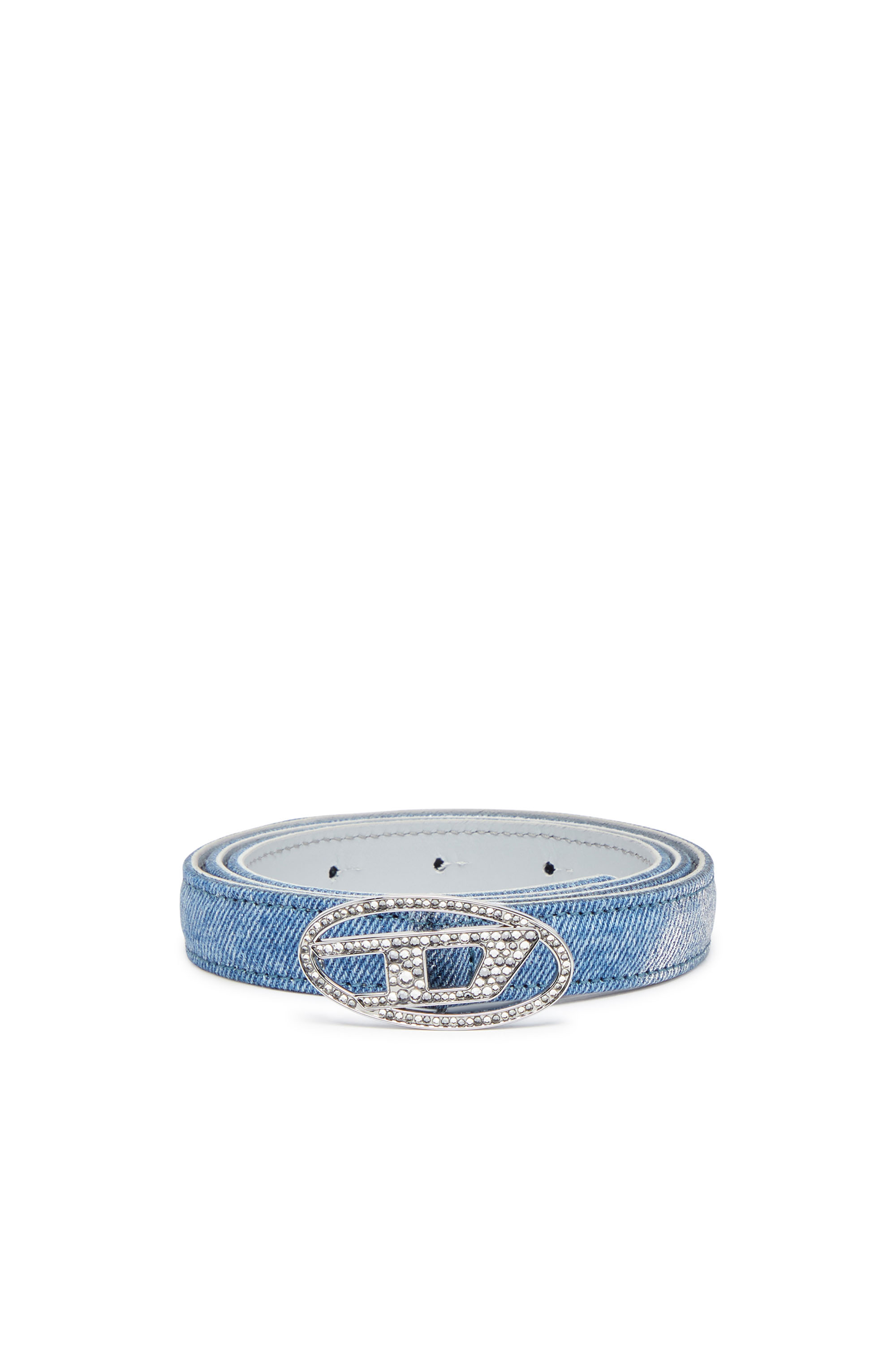 Diesel - B-1DR STRASS 20, Ceinture slim en cuir et denim métallisé Femme in Bleu - 1