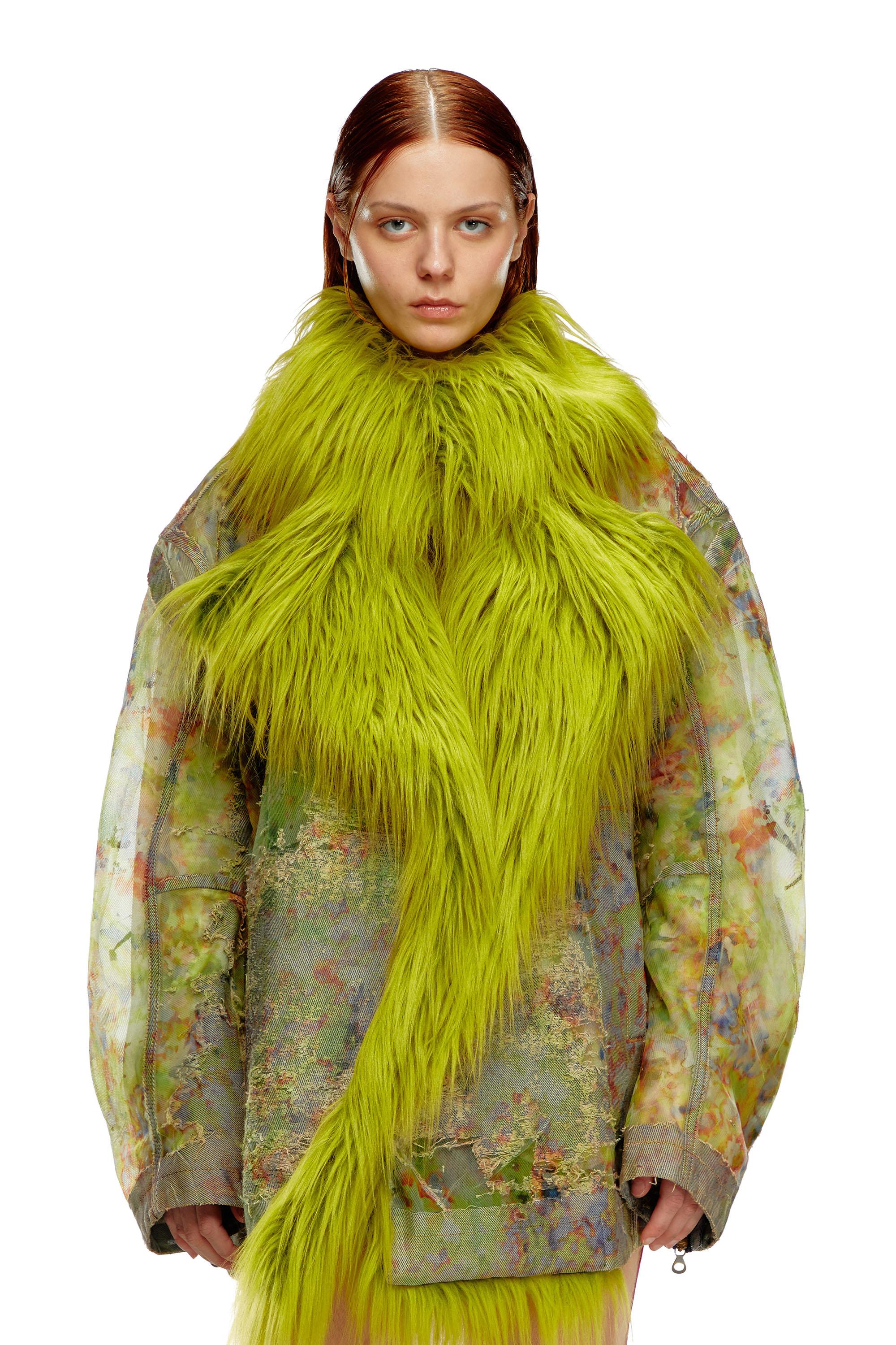 Diesel - DE-BIKA-FSE, Female Printed devoré jacket with shaggy collar in Green - Image 5