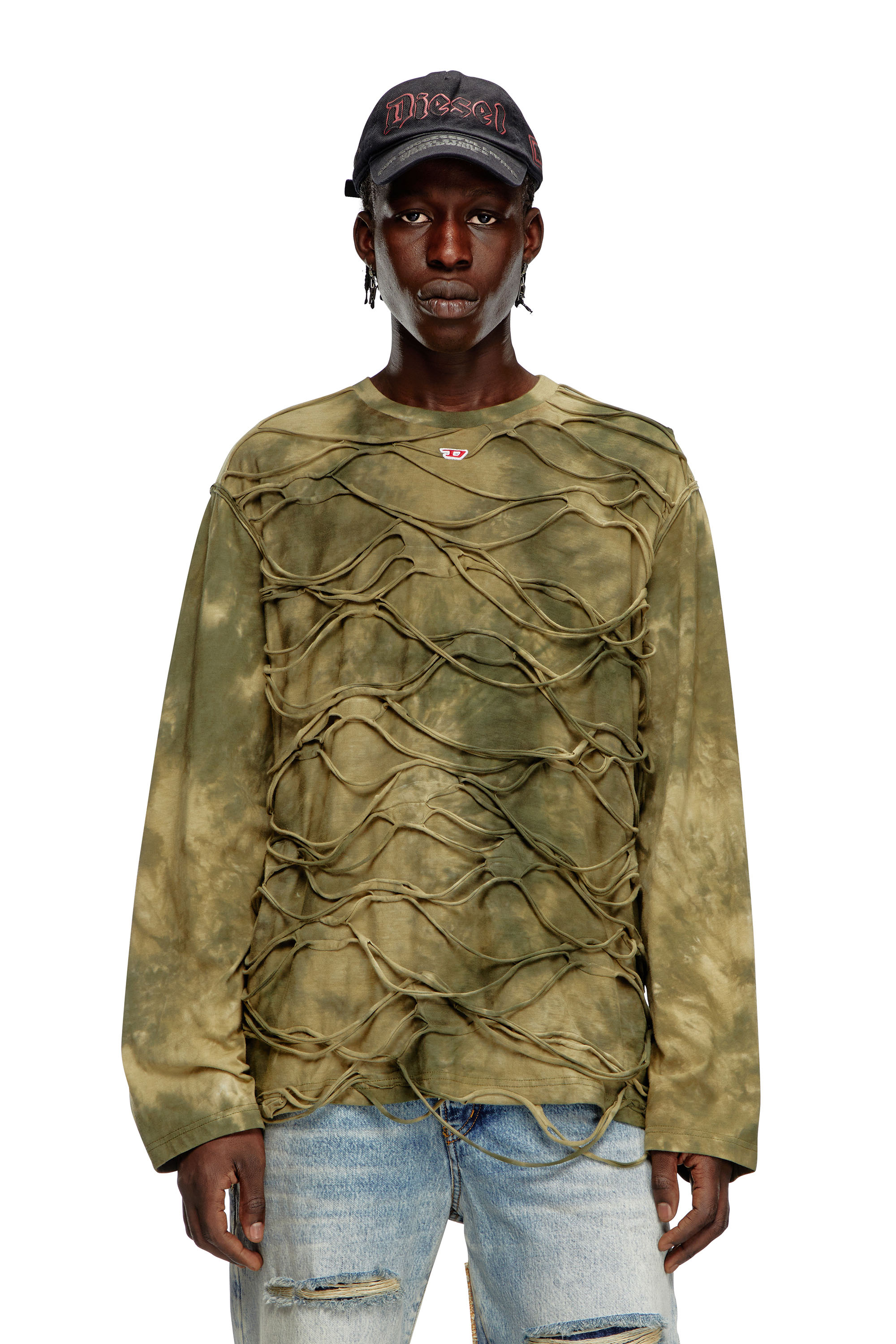 Diesel - T-CRANET-LS, Male's Long-sleeve T-shirt with floating strands in Military Green - 2