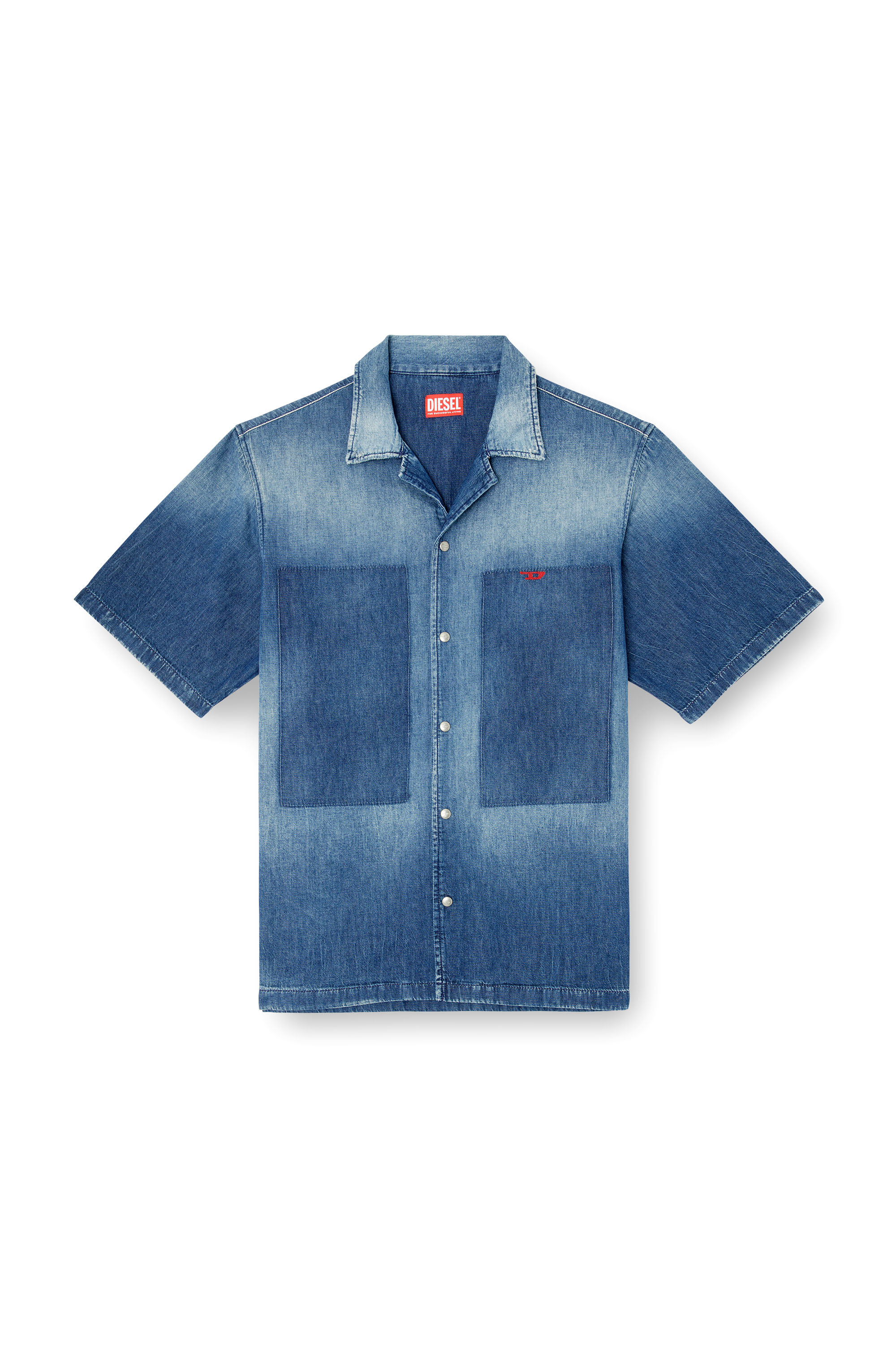 Diesel - D-NABIL-D, Male's Bowling shirt in contrast-effect denim in Medium Blue - 4
