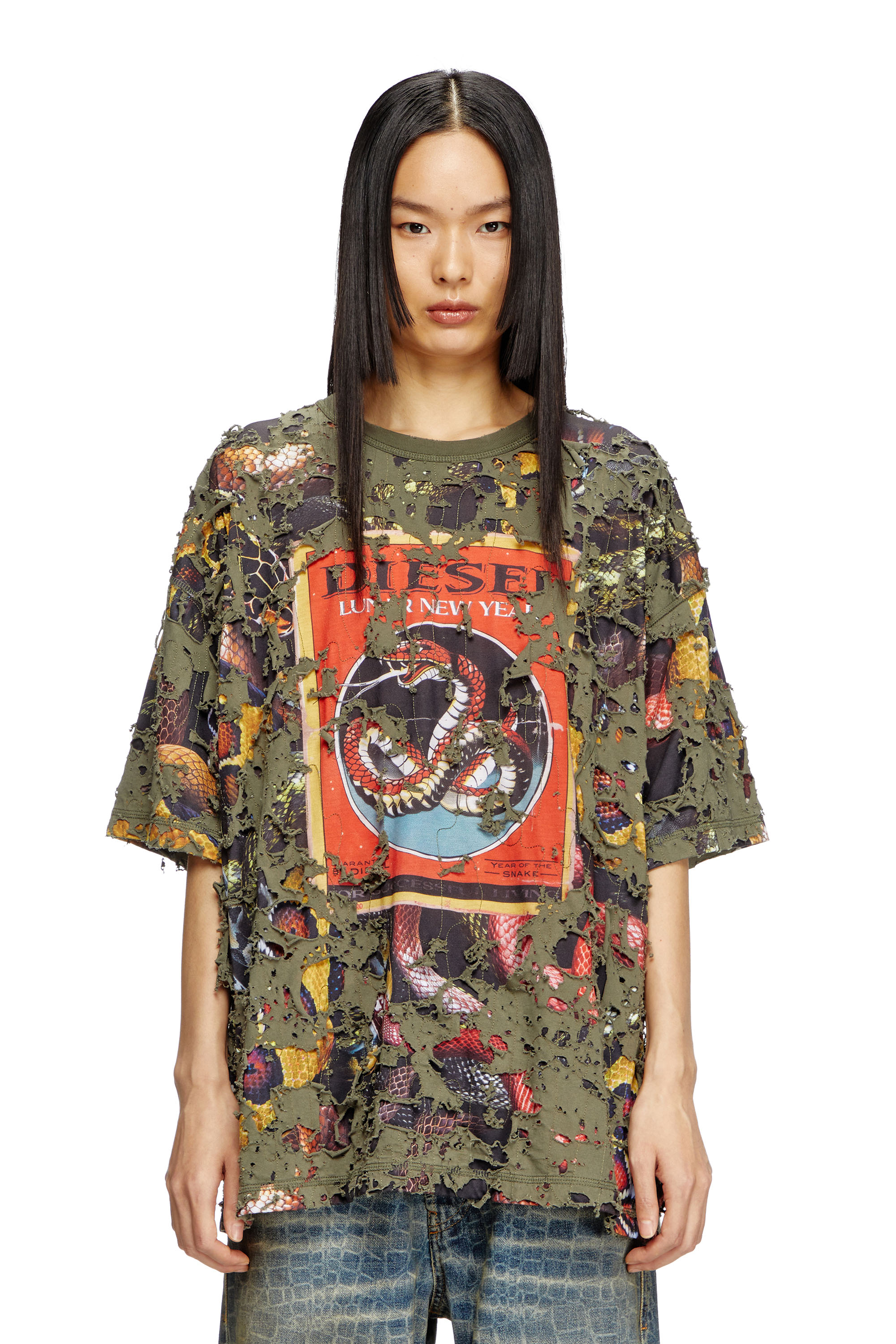 Diesel - CL-T-BOXT-DEVOR-SNAKE, T-shirt à imprimé serpent avec superposition effet destroy Mixte in Vert - 1