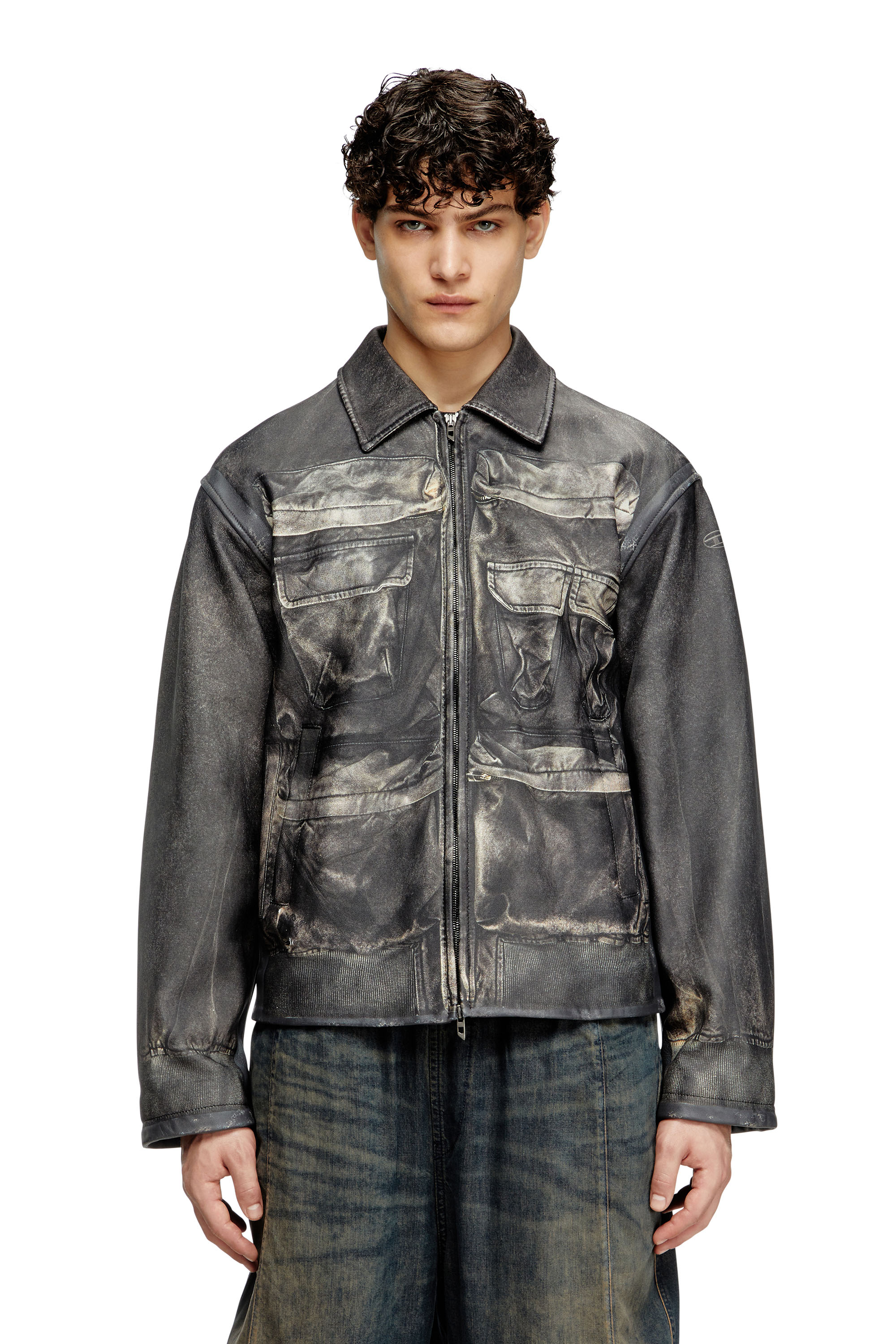 Diesel - L-MAYER, Male's Leather jacket with trompe l'oeil pockets in Black - 1