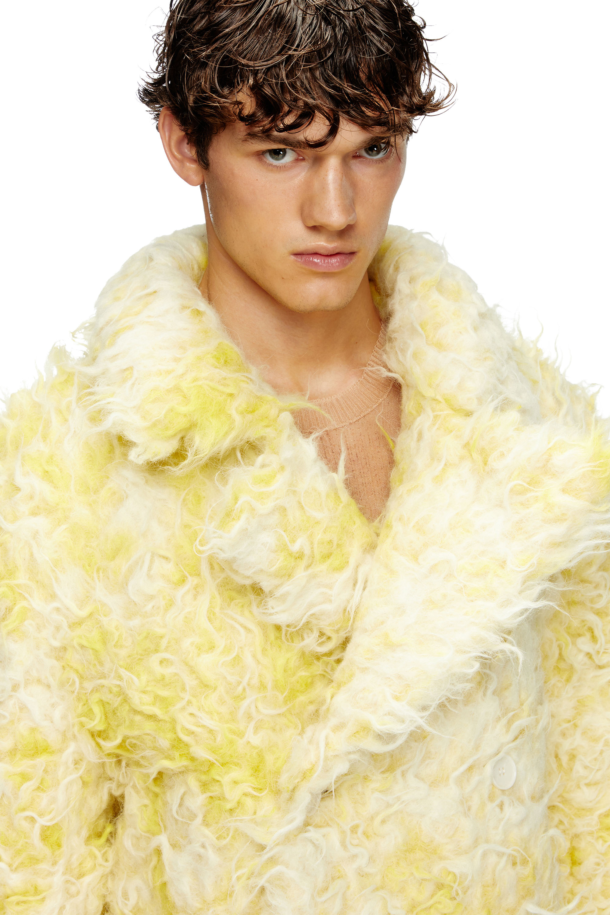 Diesel - W-MIN-SHORT, Male's Double-breasted coat in shaggy alpaca blend in Yellow - 4